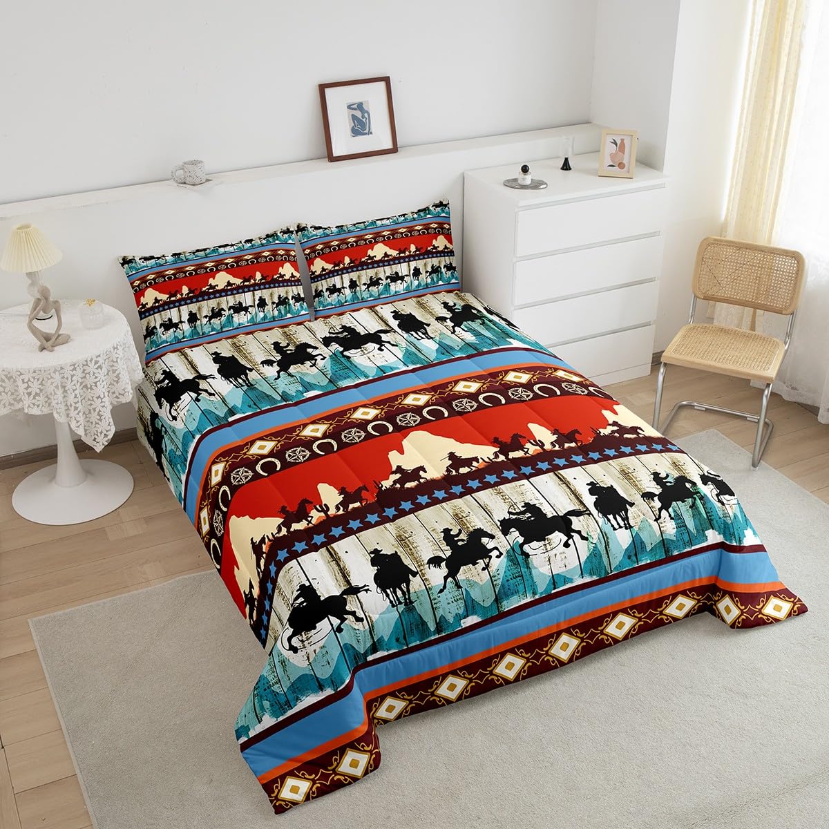 Feelyou Kids Twin Aztec Red Comforter Twin Size, Southwestern Cowboys Comforter Set for Boys Girls Horse Bedding Set Boho Tribal Duvet Set Microfiber Bed Set