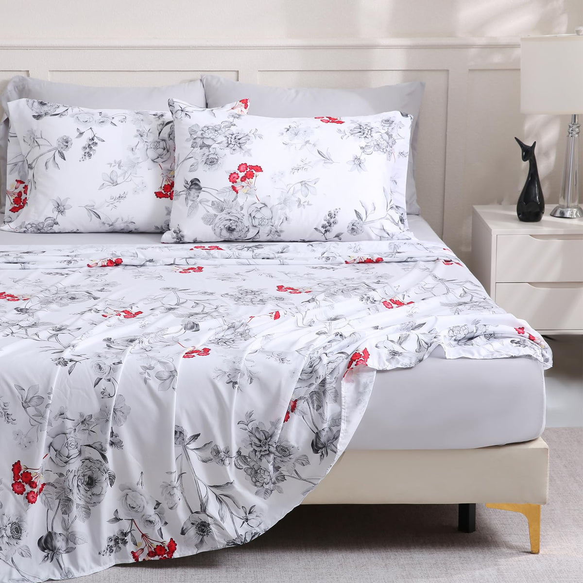 LONAVA Flower King Size 6 Pcs Sheet Set, Breathable Microfiber Deep Pocket White Fitted Sheets, Comfy & Breathable Patterned Flat Sheets,4 Gentle Soft Pillowcases, Gothic Rose
