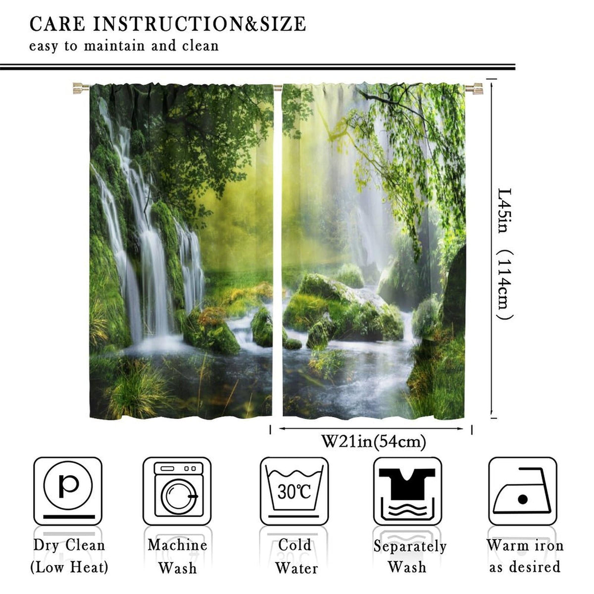 Focusbrite Forest Curtains Rod Pocket Nature Tropical Jungle River Rainforest Waterfall Landscape Scenery Print Pattern Window Drapes for Bedroom Living Room Cafe Office Set 2 Panels,42x45 Inches