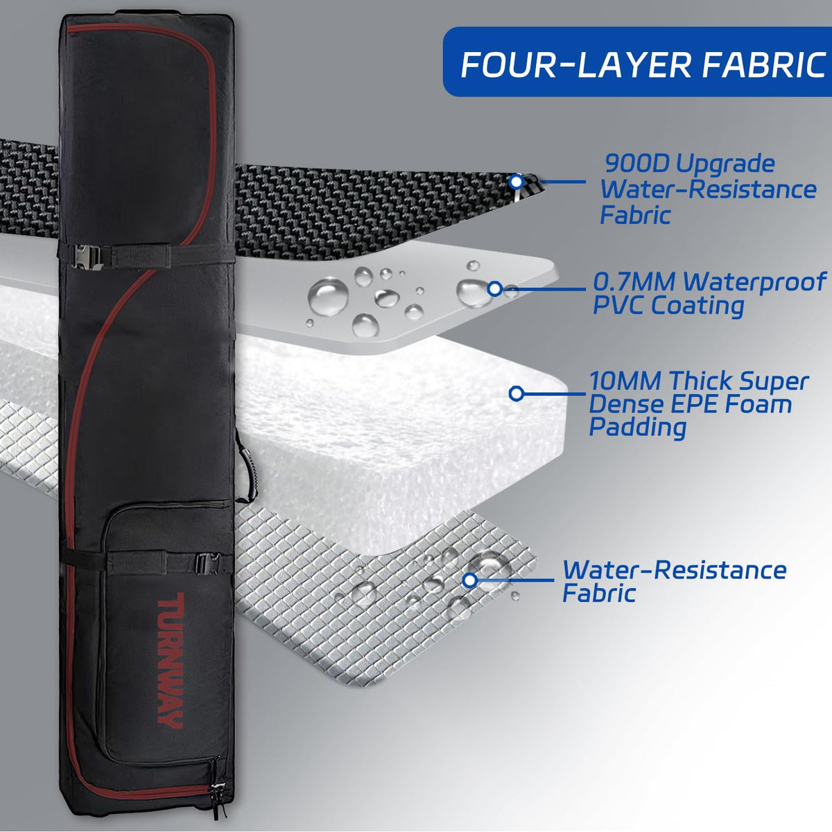 TurnWay Padded Ski Bag with Wheels for Air Travel, Double Rolling Snowboard Bag Heavy Duty Waterproof for Storage & Transportation of Snowboard/Ski Gear (Black-Red)