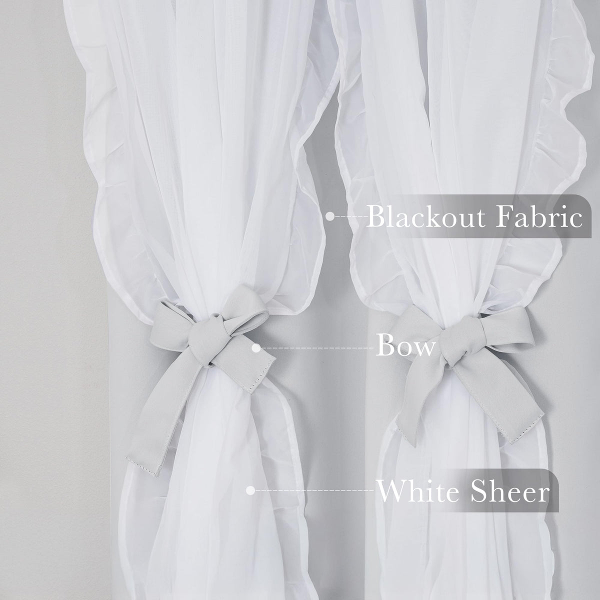 PONY DANCE Shabby Chic Curtains for Bedroom Double Layer White Ruffle Sheer Overlay with Tiebacks French Country Drapes for Bedroom Decor, 52" W x 84" L, Greyish White, 2 Pieces