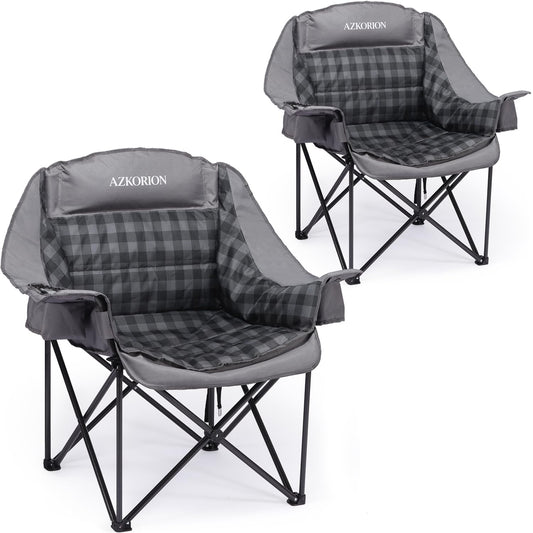 AZKORION 2 Pack Oversized Camping Chair for Adults, Portable Heavy Duty Padded Outdoor Chairs with Phone Pouch and Side Cup Holder for Camping, Fishing, Beach, Sports, Supports 500lbs