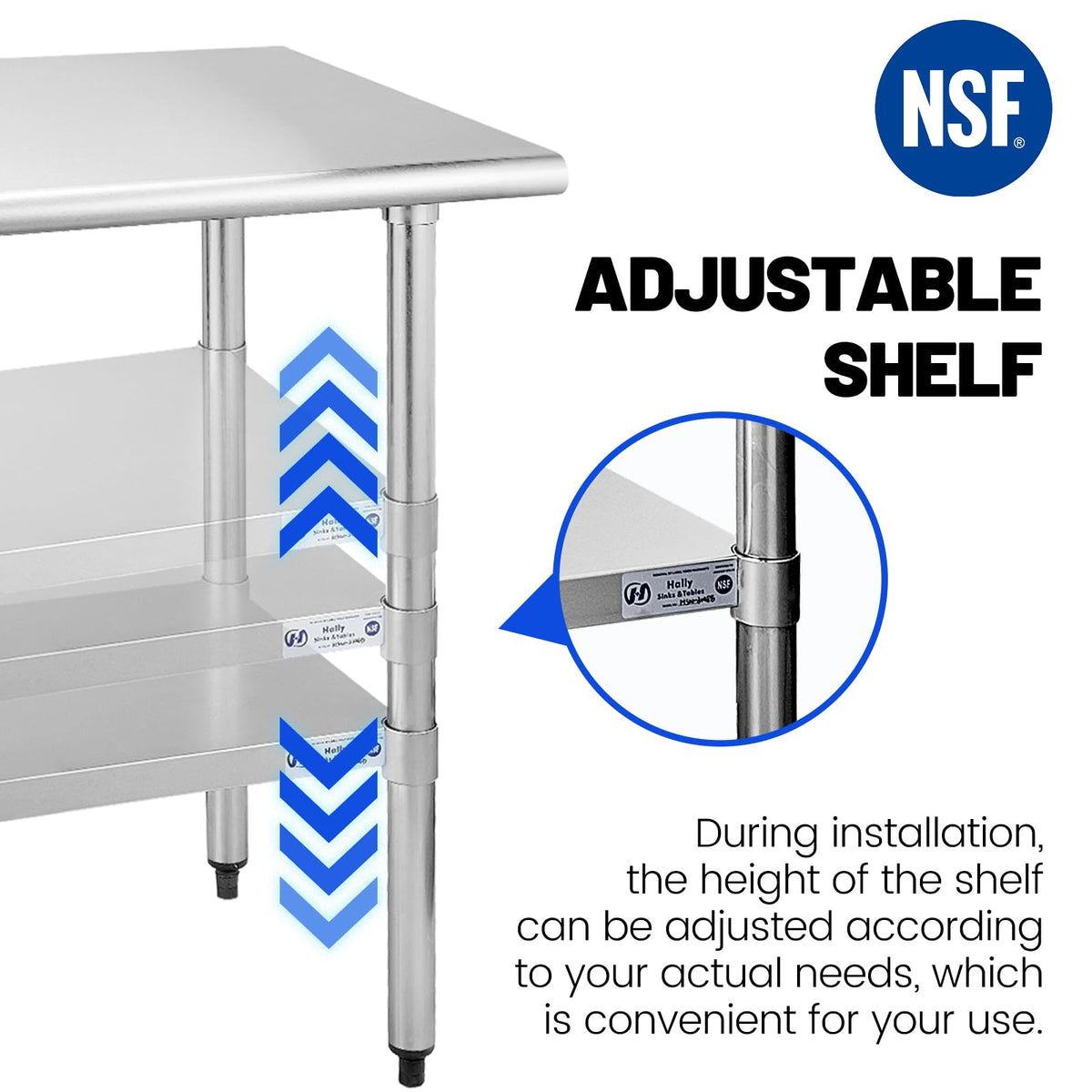 Hally Stainless Steel Table for Prep & Work 24 x 36 Inches, NSF Commercial Heavy Duty Table with Undershelf and Galvanized Legs for Restaurant, Home and Hotel