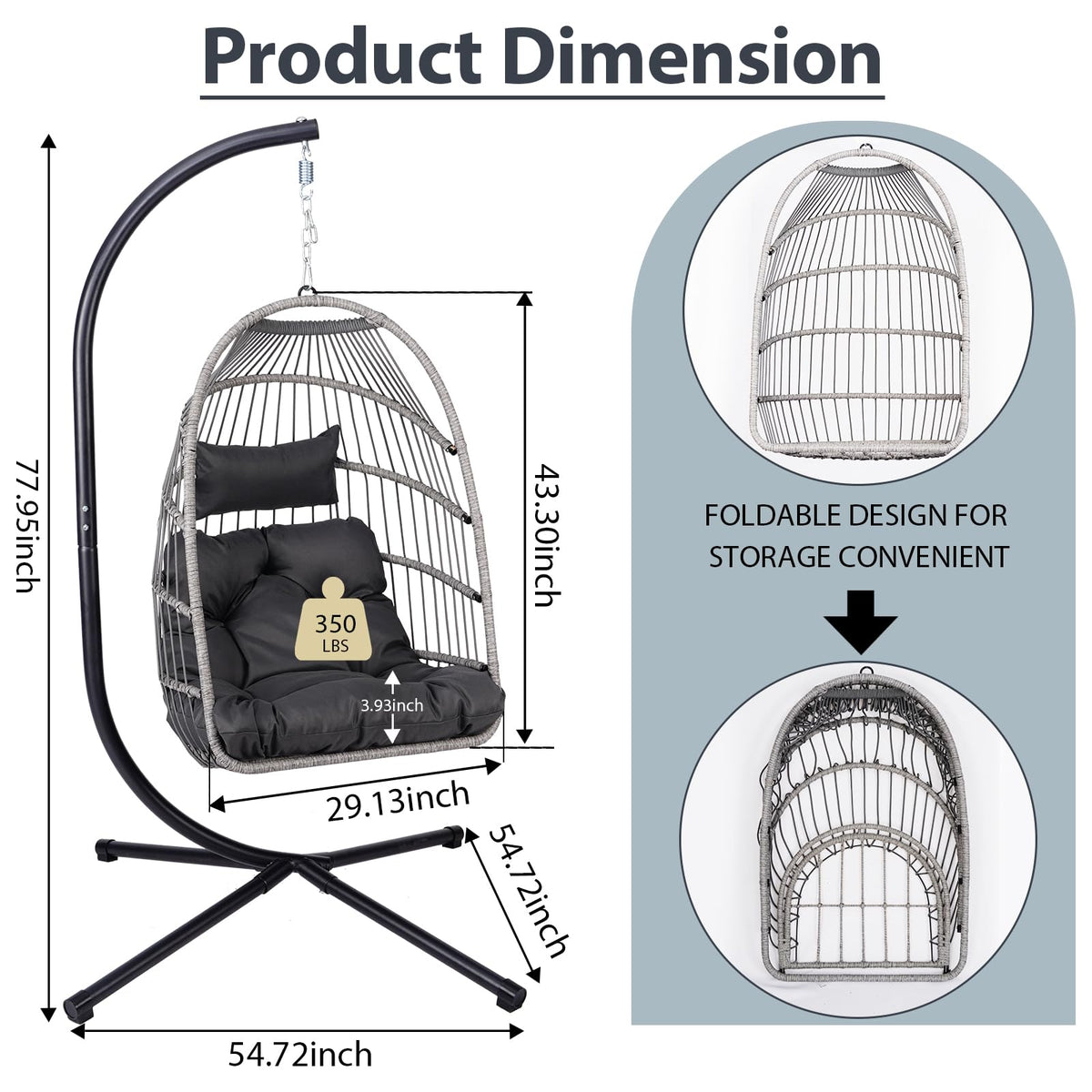 GDFStudio Outdoor Egg Hanging Chair with Stand, Patio Wicker Swing Egg Chair Indoor Outdoor Hammock Chair, 350 lbs Capacity, Black Gray