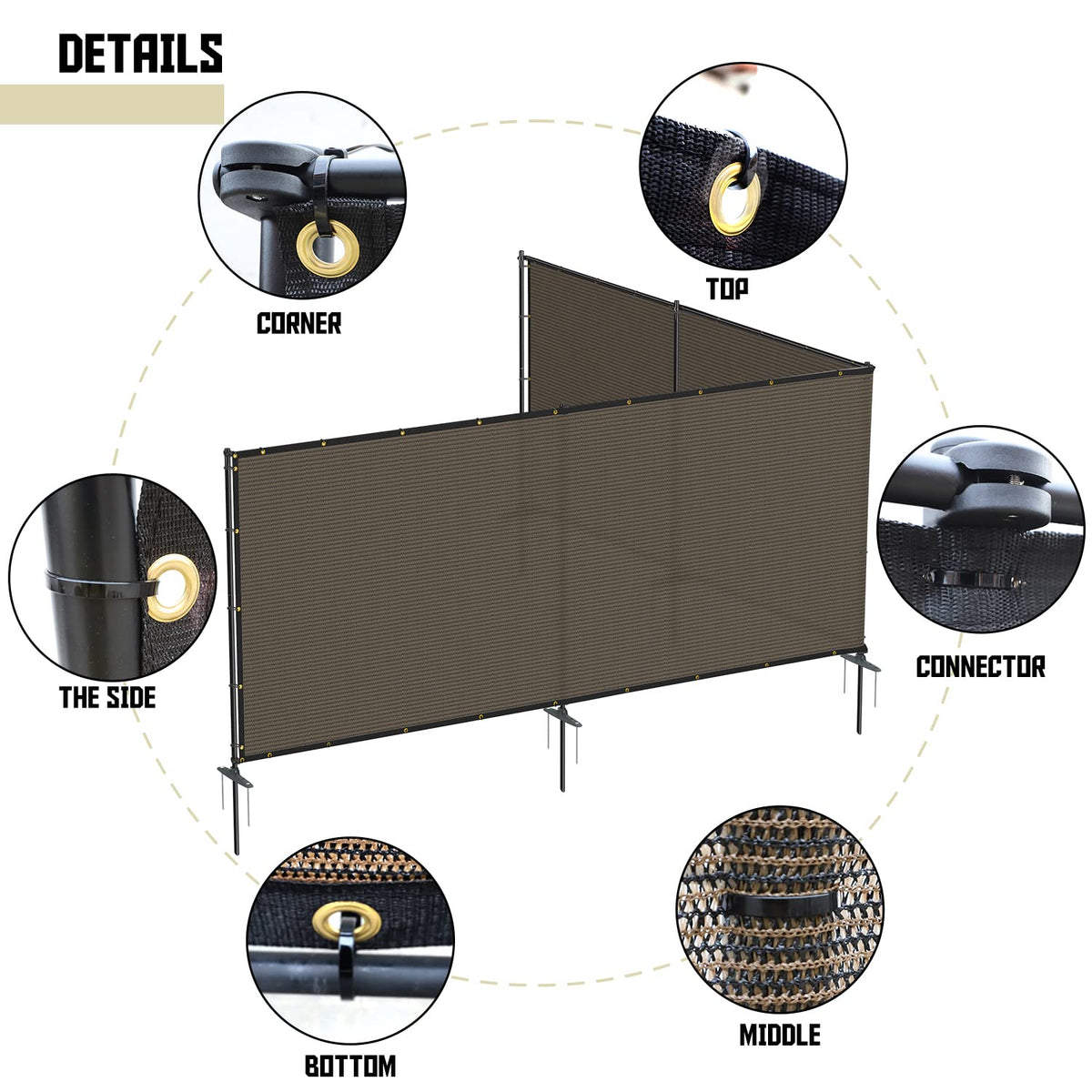 TANG 5'x12' Outdoor Privacy Screen FreeStanding, 220GSM Mesh Fencing with Poles Stakes, Privacy Fence Panels for Outside, Temporary Dog Fences for Garden Patio, Brown