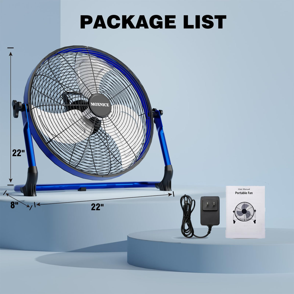 MOXNICE 20" Portable Battery Operated Floor Fan, High Velocity Battery Fan, Rechargeable Wireless Battery Powered Fan, Waterproof, USB Output, 360°Adjustable Tilt for Home Outdoor Garage Greenhouse