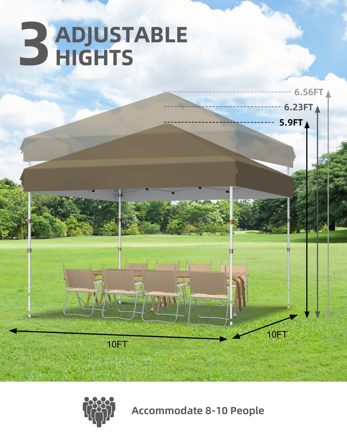 10x10 Pop Up Canopy with One Button Push Setup - Heavy Duty Outdoor Canopy Tent with Portable Roller Bag - 3 Adjustable Height, 4 Weight Bags, 8 Stakes & 4 Guy Ropes Included, Khaki