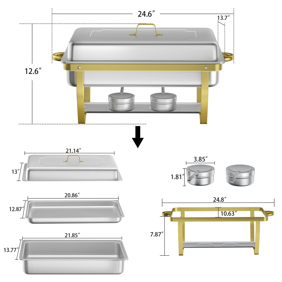 Chafing Dish Buffet Set - HARDURA 4 Packs 9.5QT Stainless Steel Food Warmer, Leak-Proof & Foldable Design, 4+ Hours Insulation, for Buffet Servers and Warmers, Ideal for Catering, Party（Gold）