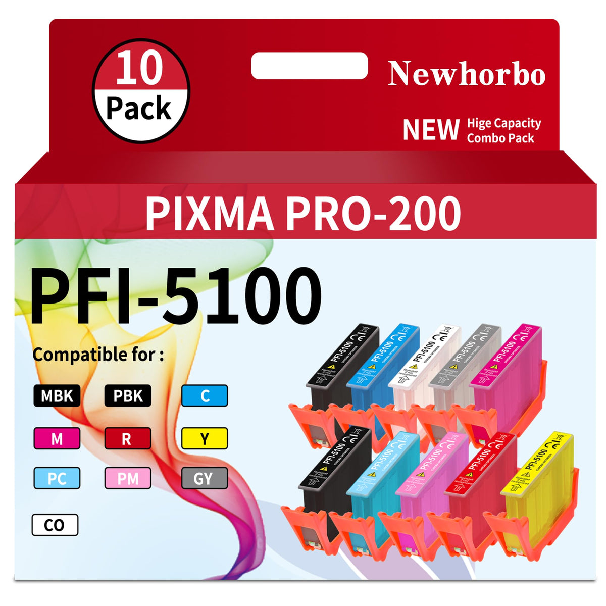 Newhorbo PFI5100 Ink Cartridge Replacement for Canon imagePROGRAF PRO310 Printer (MBK, PBK, C, M, Y, R, GY, PC, PM, CO 10-Pack)