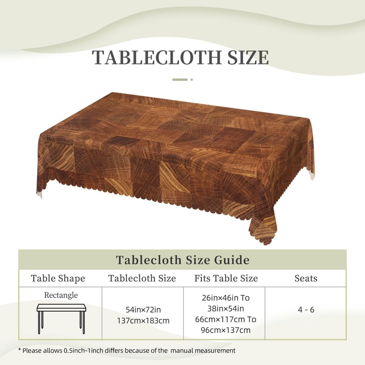 DRAVVIX Wooden Natural Texture Rectangular Tablecloth Brown Wooden Pattern Table Cloth with Wavy Lace Decoration Polyester Table Cover for Dining, Parties 54x72 inch