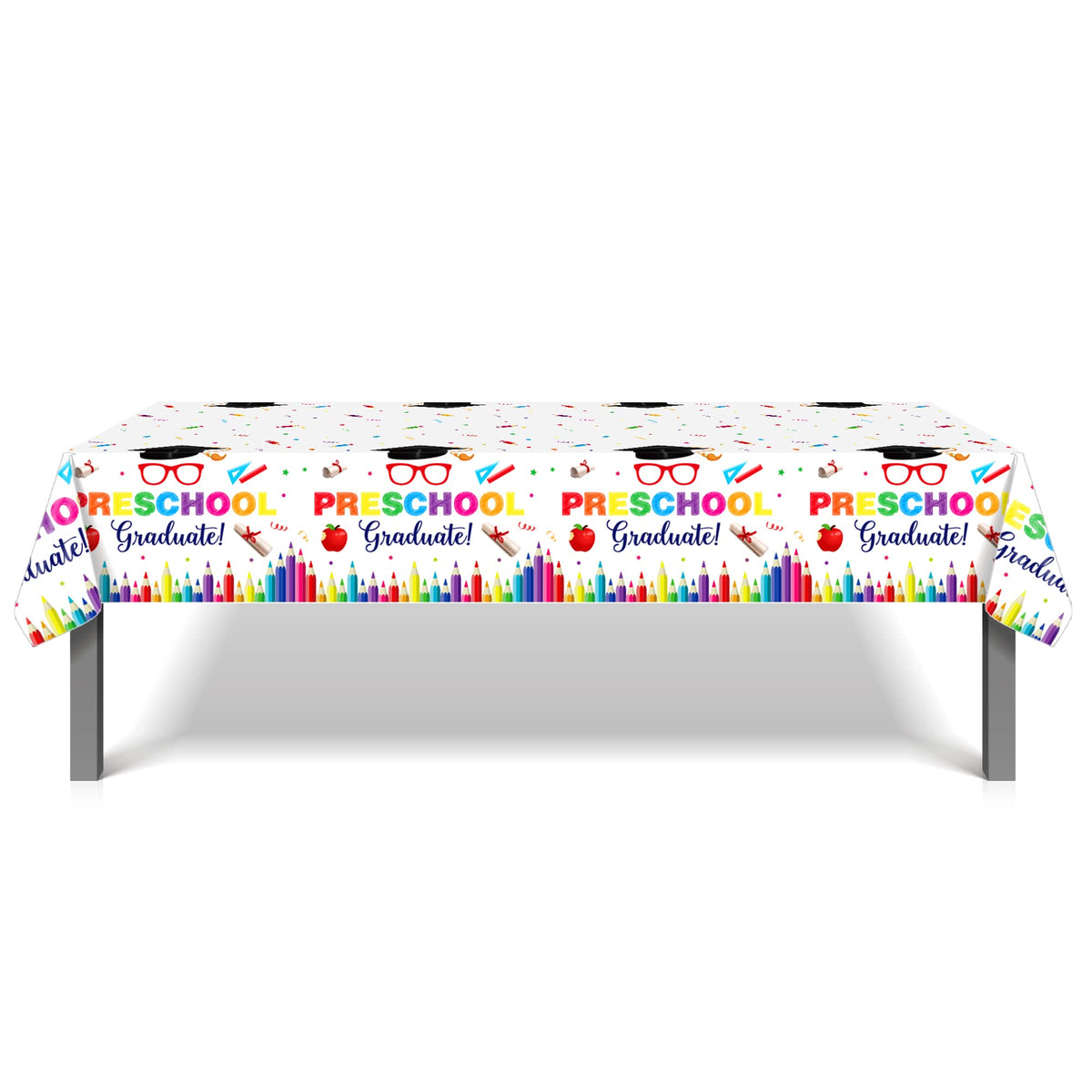 CC HOME 1Pc Preschool Graduation Party Plastic Tablecloth 54 x 87 Inch Long Table Cover, Colorful Crayon Party Tablecover for Graduate Theme Kids Baby Shower Birthday Dinner Picnic Kitchen Event