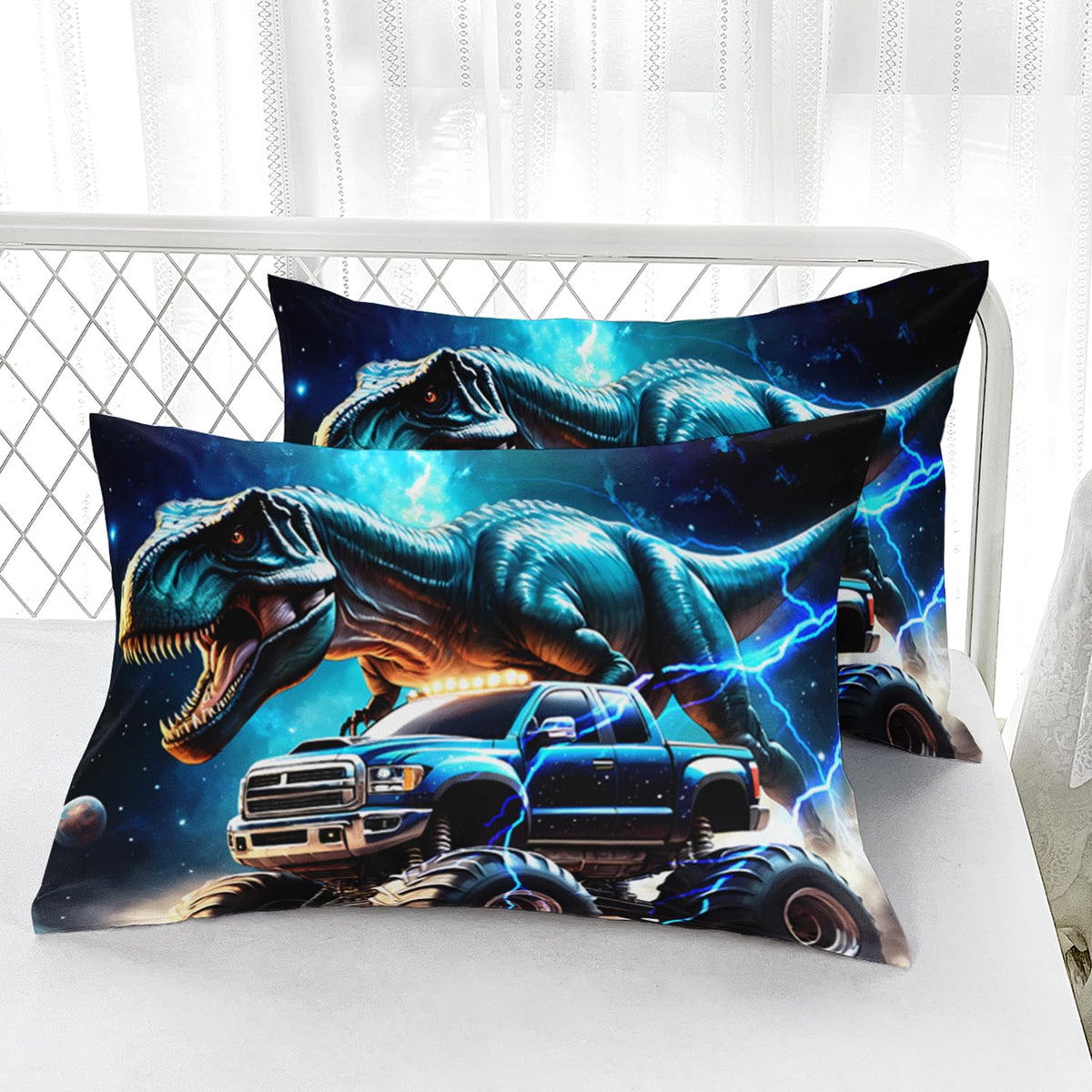 AILONEN Kids Dinosaur Sheets Boys Monster Bedding Set,3D Space Galaxy Dinosaur Fitted Sheet Twin Size with 2 Pillowcases,3 Pieces