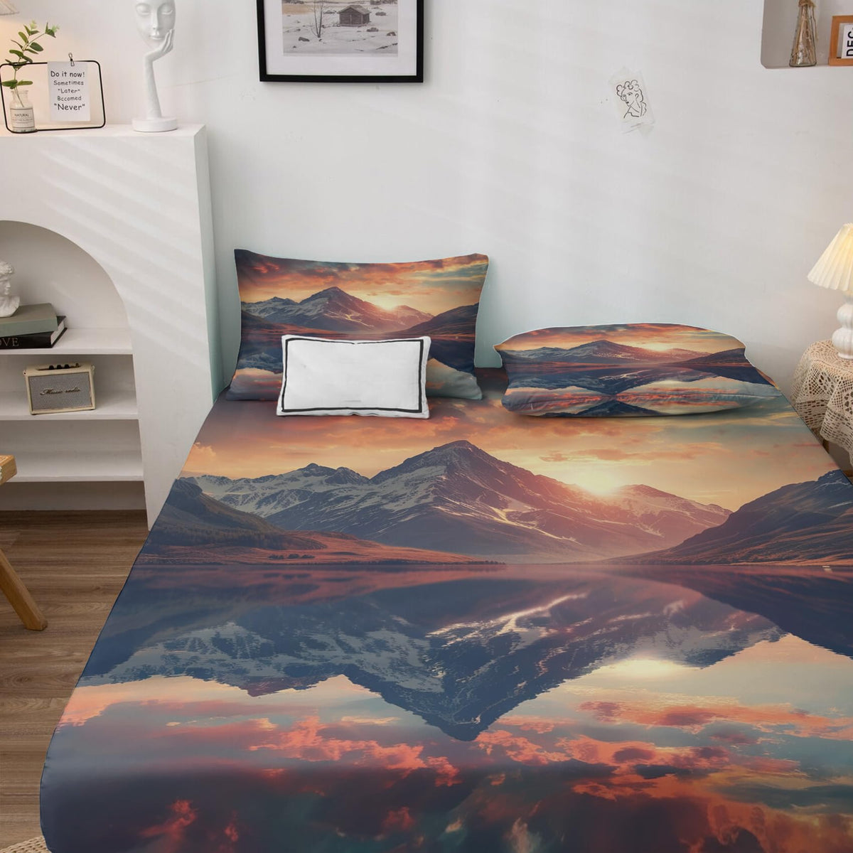 NOGAWA Sunset Mountain Sheets King, Nature Landscape Bed Sheets, Deep Pocket & Soft Microfiber Bedding Sheets & Pillowcases 4 Piece - Fitted Sheet & Flat Sheet & 2 Pillow Cases