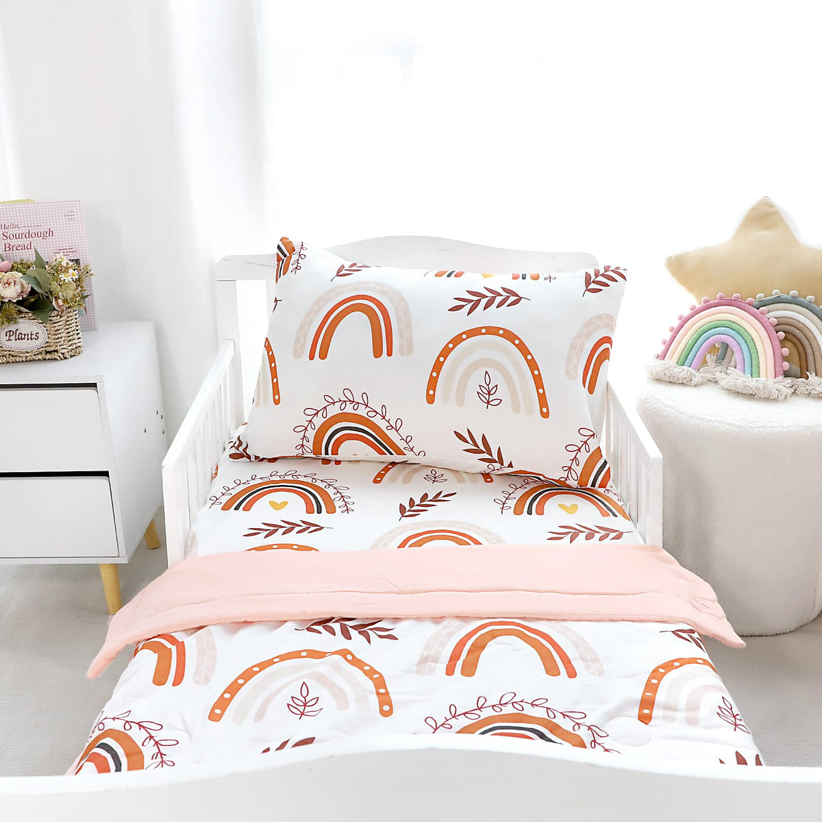 Pea Pod Muslin Toddler Bedding Set Rainbow 3-Piece - Soft Breathable Crib Bedding with Fitted Sheet, Quilt & Pillowcase for Infant & Kids Bed | Machine Washable Nursery Bed Set