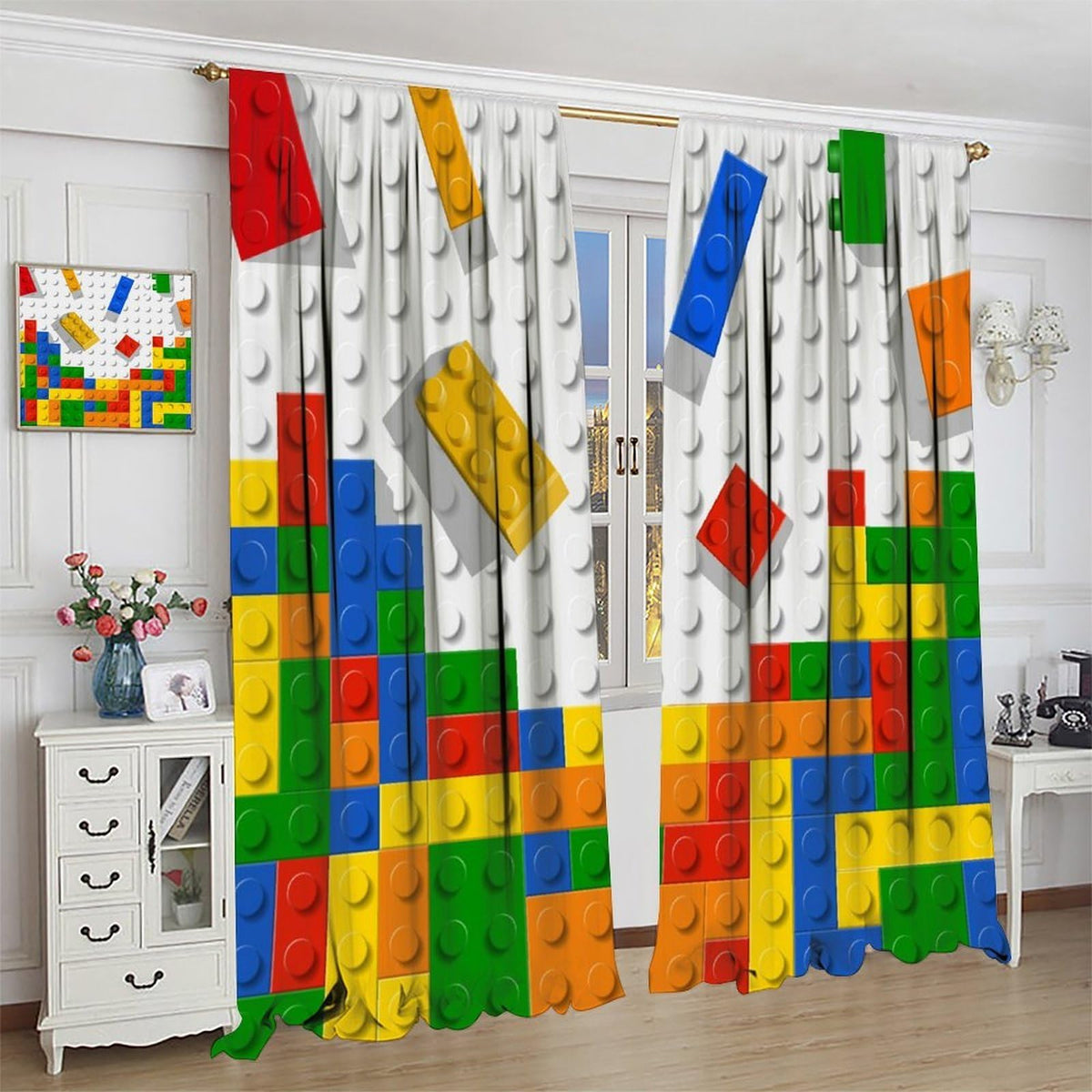 AAVEUP Building Blocks Curtains,Abstract Colorful Geometric Brick Constructor Toy Children's Puzzle Windows Treatments Rod Pocket Drapes for Nursery Baby Living Room Bedroom 42x44.5in（No Blackout）