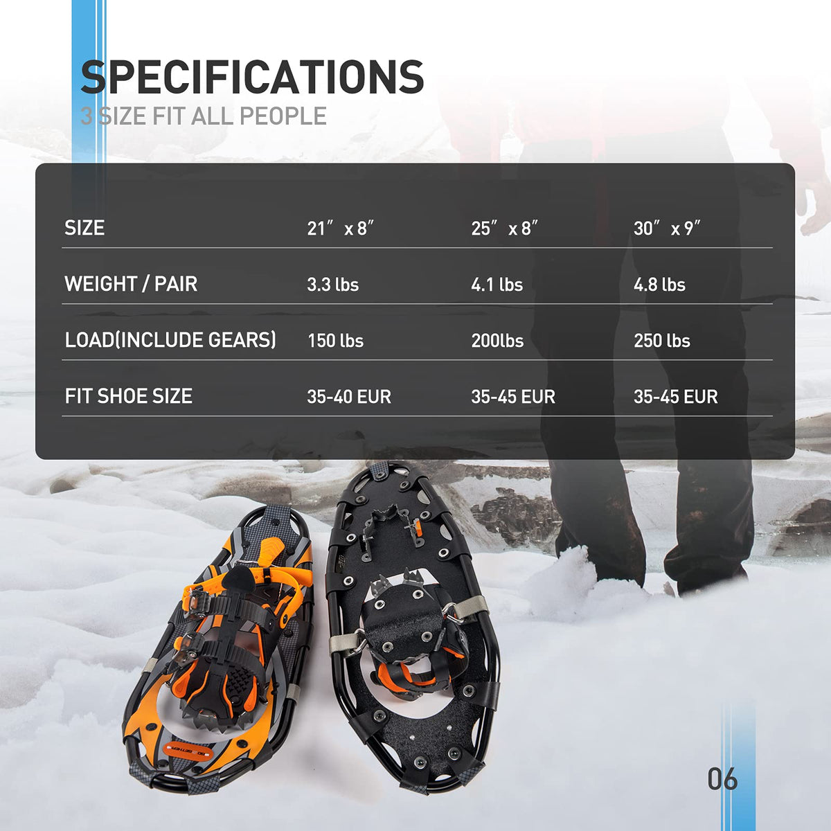 G2 25 Inches Orange Light Weight Snowshoes for Women Men Youth, Set with Trekking Poles, Tote Bag, Special EVA Padded Ratchet Binding, Heel Lift, Toe Box