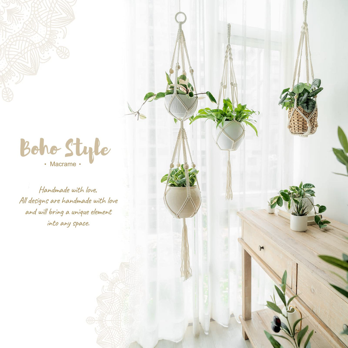 Mkono Set of 4 Macrame Plant Hangers Indoor 4 Different Size Hanging Planter Basket Flower Pot Holder 41"/35"/34"/26"