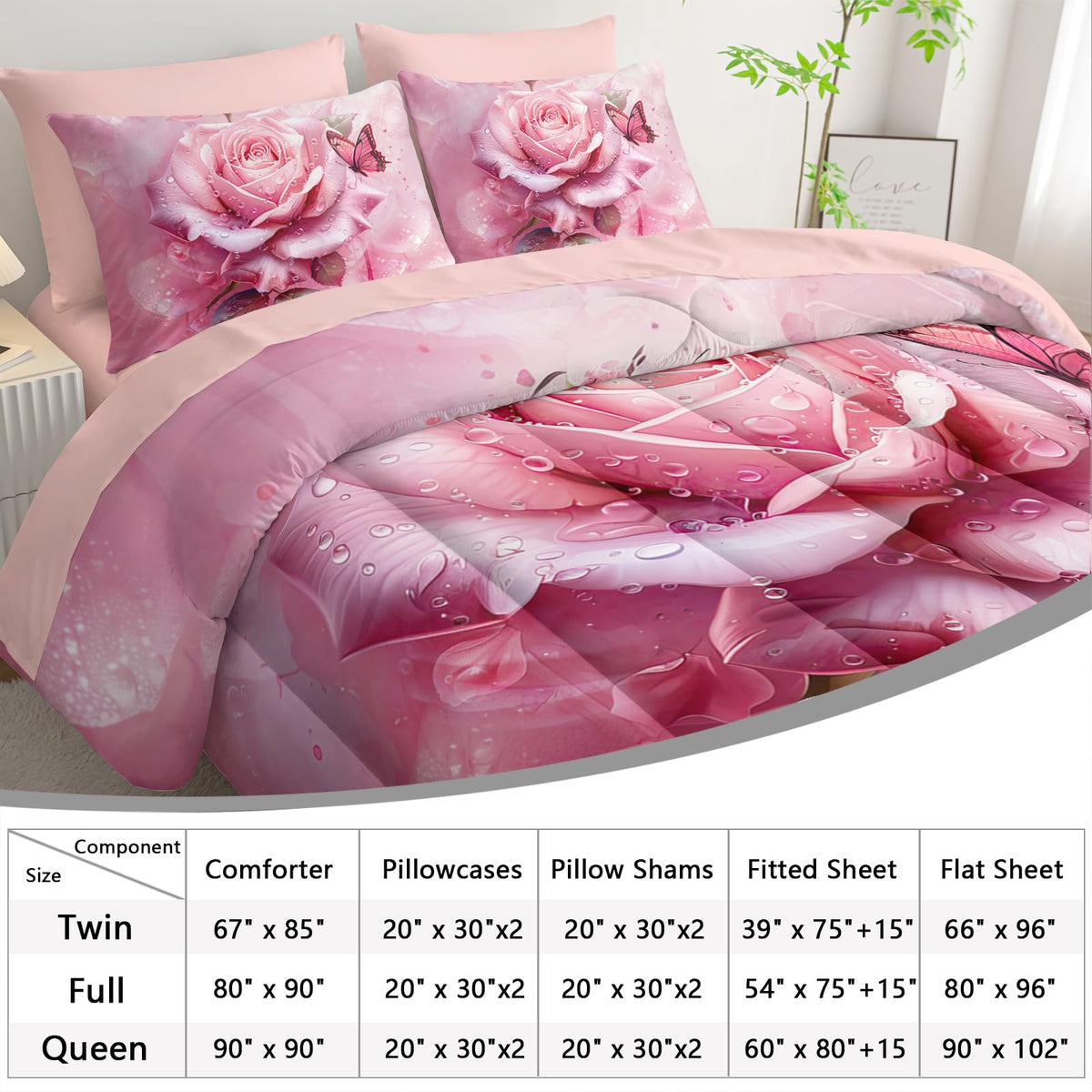 AILONEN 7-Piece Pink Rose Comforter Set Queen Size,Rose Flower Butterfly Bed in a Bag for Girls Women,Modern Romantic Floral Printed Art Pink Comforter + Fitted/Flat Sheet +2 Pillowcases + 2 Shams