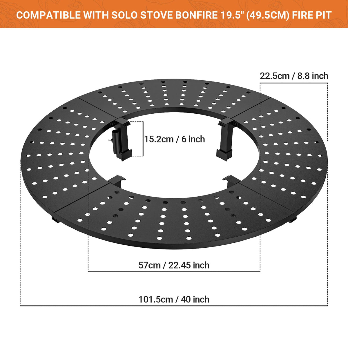 onlyfire Direct Mount Tabletop for Solo Stove Bonfire 19.5 inch Fire Pit, 40 inch Round Heat-Resistant Surround Tray, 4-Piece Modular Patio Snack Table for Drinks & Food, Solo Stove Accessories