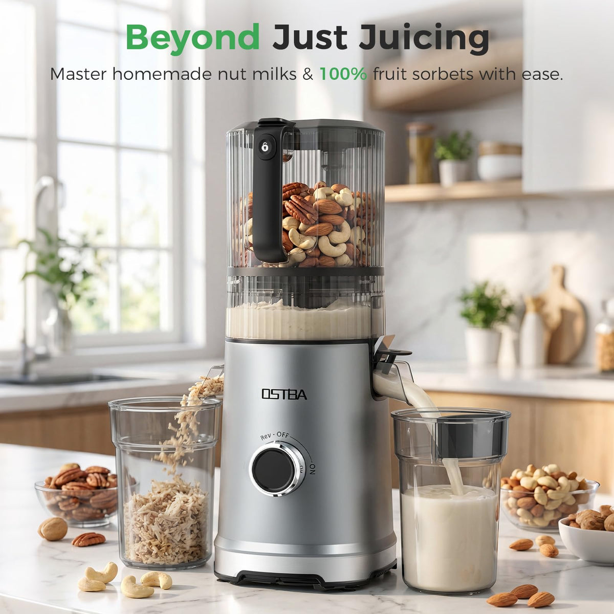 3-in-1 Cold Press Juicer, OSTBA 600W Slow Masticating Juicer with 6" Extra Large Feed Chute for Whole Fruits & Vegetables, Juicer, Nut Milk Maker & Sorbet Machine, Easy to Clean