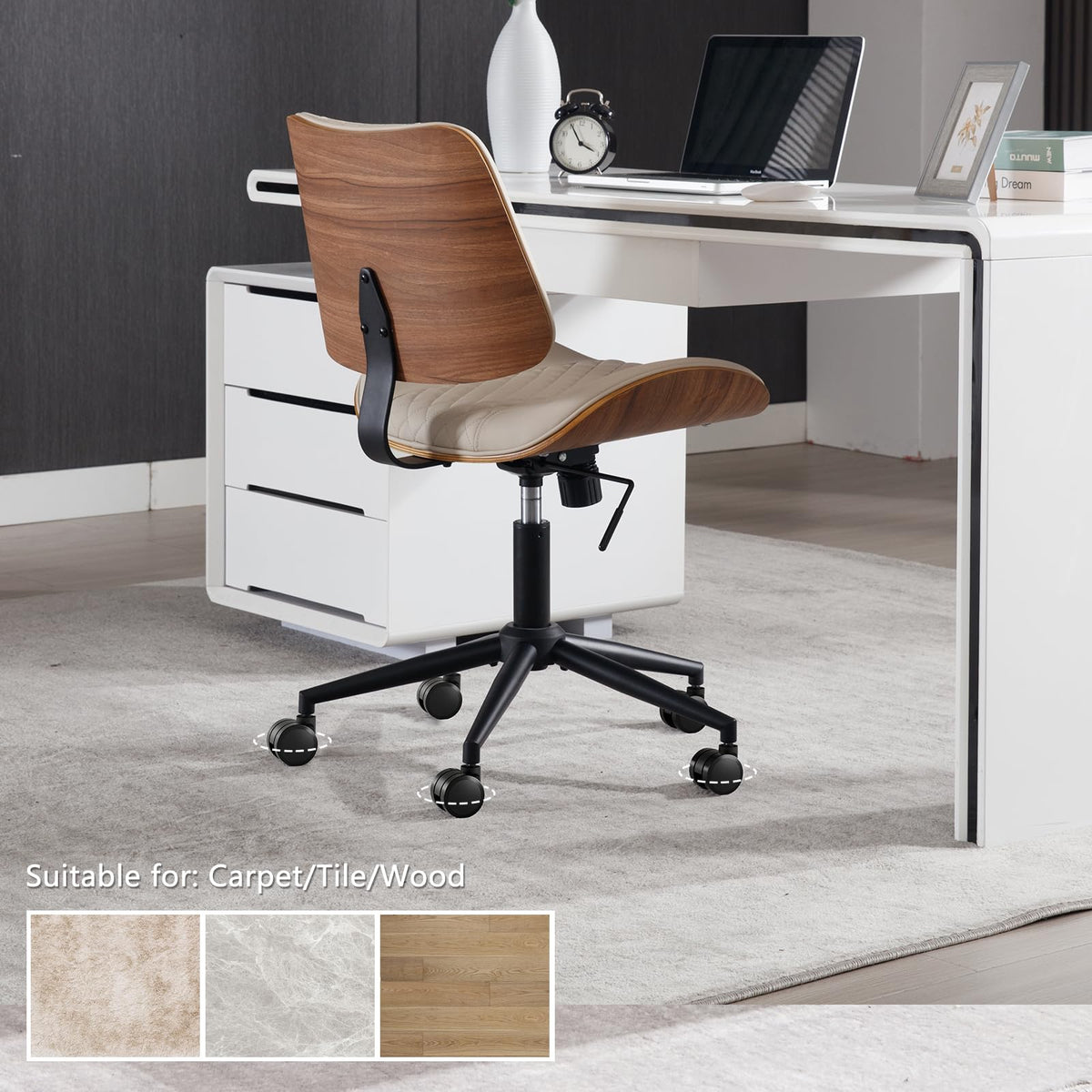 BERYTH Home Office Chair No Arms with Wheels, Adjustable Height Small Desk Chair, PU Leather Mid Back 360 Swivel Computer Chair, Armless Modern Walnut Chair for Office, Reading Meeting Room(Beige)