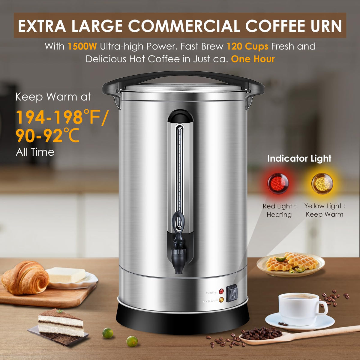 HOMOKUS Commercial Coffee Urn, 120 Cup Extra Large Hot Water Urn, 18L Silver Double Wall Stainless Steel Large Coffee Urns, 1500W Quick Brew Commercial Coffee Percolator Electric for Gatherings