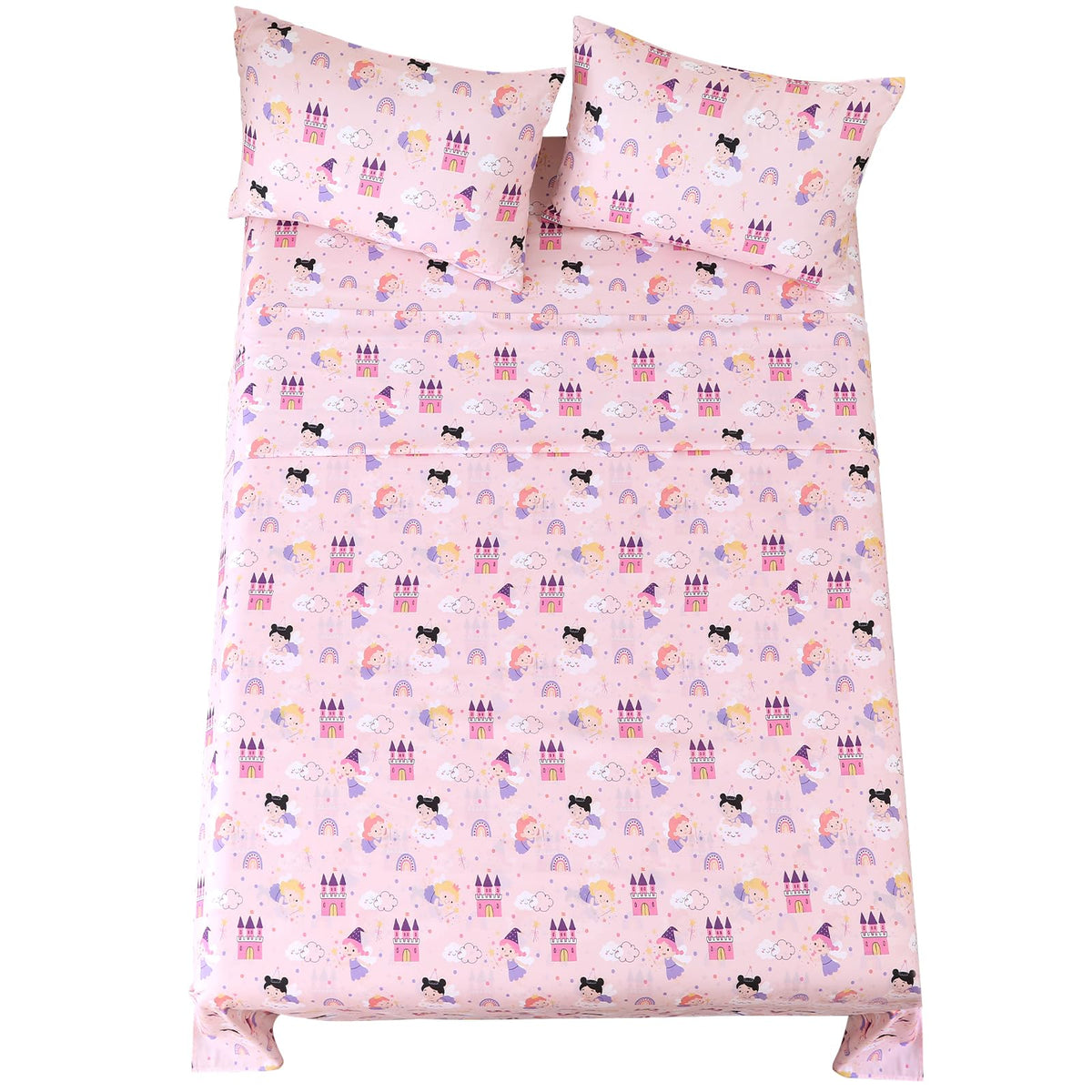 MCO Twin Sheets Set Kids, Soft Microfiber Bed Sheet Set for Boy Girls, 3 Pieces Breathable Twin Sheets Pink Fairy Castle