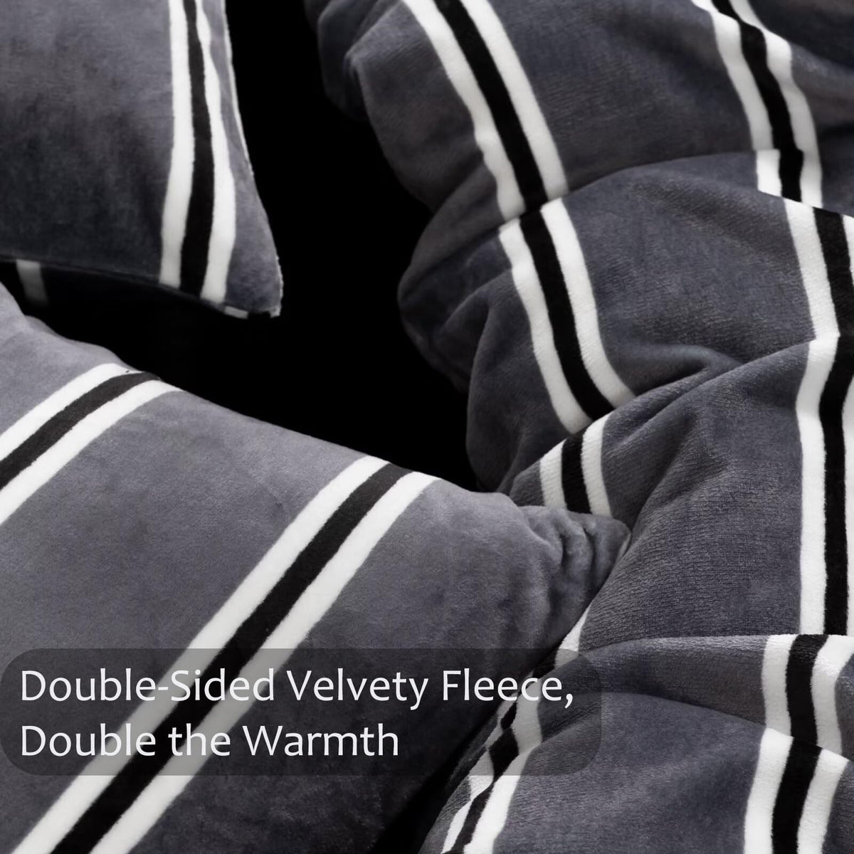 Bedbay Grey Striped Bedding Comforter Set King Size Luxury Velvet Fleece Comforter Set 3 Pcs Fluffy Plush Flannel Bedding Set Cozy Reversible Fleece Soft Warm Shaggy Faux Fur Bed Set All Season