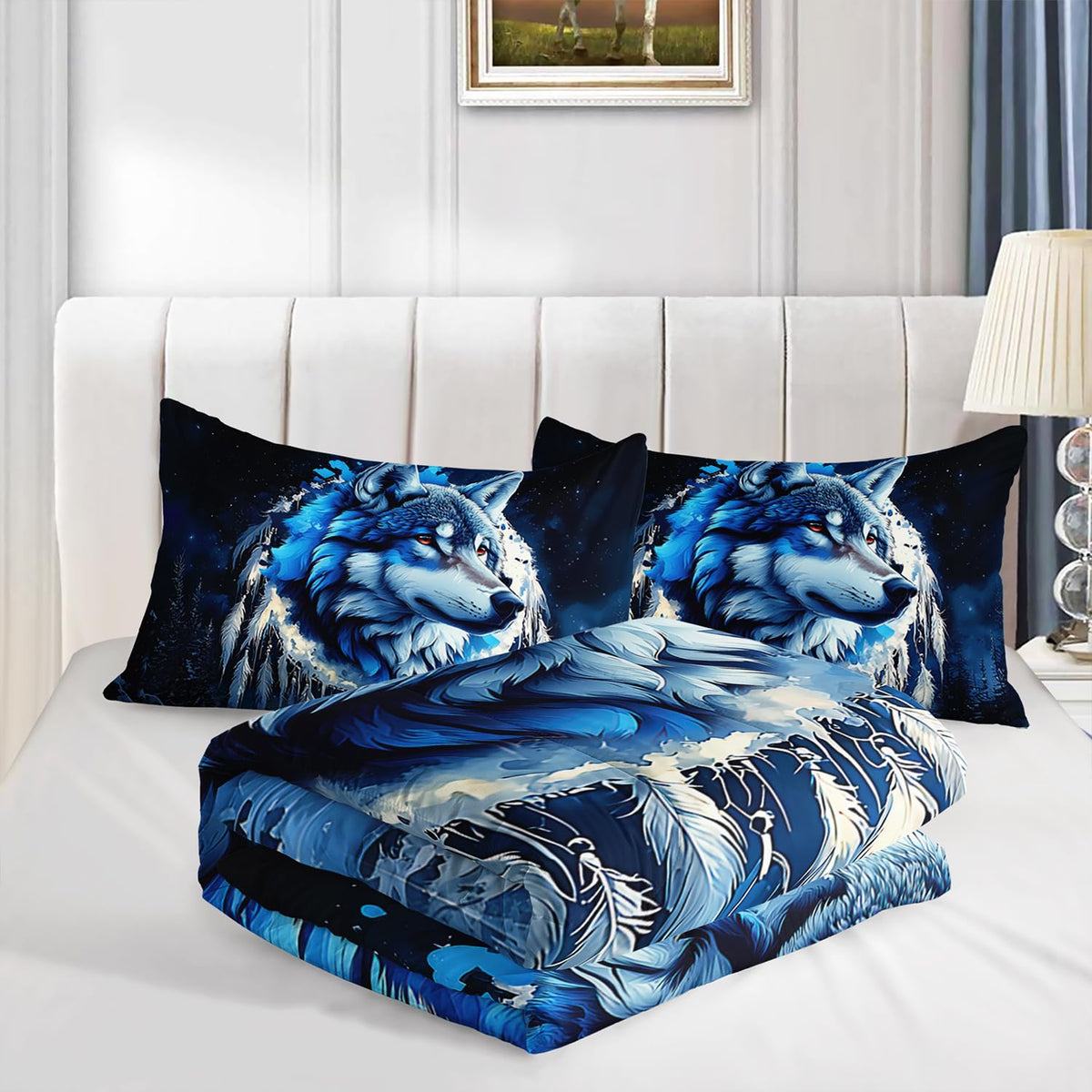 UEVBF Wild Animal Themed Wolf Comforter Set Queen Size,Blue Dream Catcher Snow Scene Bedding Sets for Kids Boys Girls Teens Room Decor,Western Comforter Set with 2 Pillowcases.