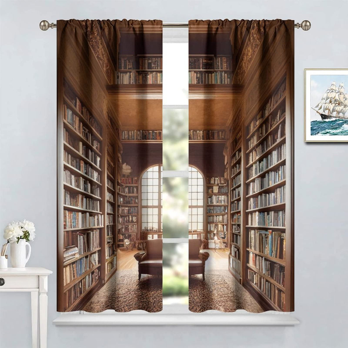 Bookshelf Curtains, Vintage Library with Books Window Treatments for Kids Bedroom, Wooden Wooden Antique Bookcase Drapes 2 Panel Sets,42x45 Inch