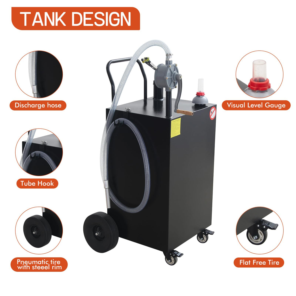 40 Gallon Portable Gas Caddy Fuel Storage Tank Large Gasoline Diesel Can Hand Siphon Pump with Rolling Flat-Free Solid Rubber Wheels for Boat, ATV, Car, Motorcycle (Black)
