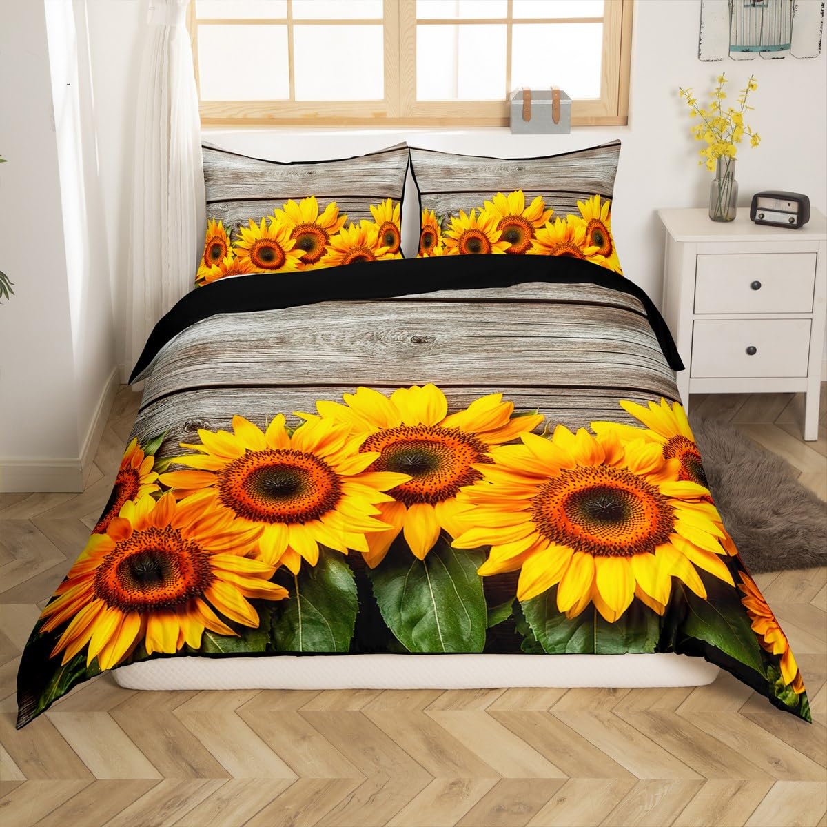 Feelyou Sunflower Duvet Cover Botanical Floral Printed Bedding Set for Kids Women Adults Yellow Blossom Flowers Comforter Cover Wooden Scenes Bedspread Cover Bedroom Collection 3Pcs Full Size