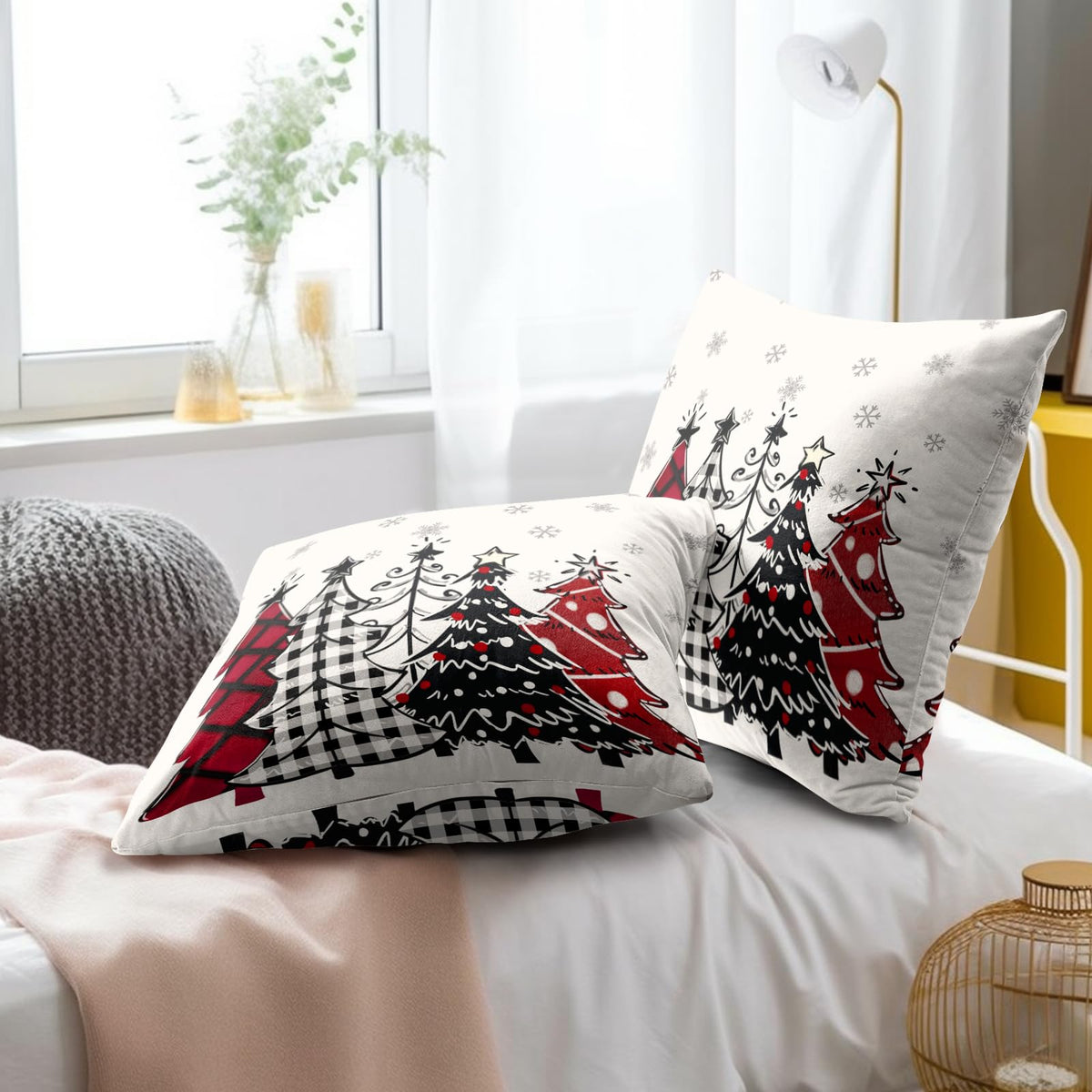 ABSOP Christmas Pillow Covers 18x18 Inch Red and Black Tree Pattern Decorative Throw Pillows Set of 2 Xmas Snowflake Pillowcases Winter Holiday Pillow Cases for Bedroom Sofa Home Decor