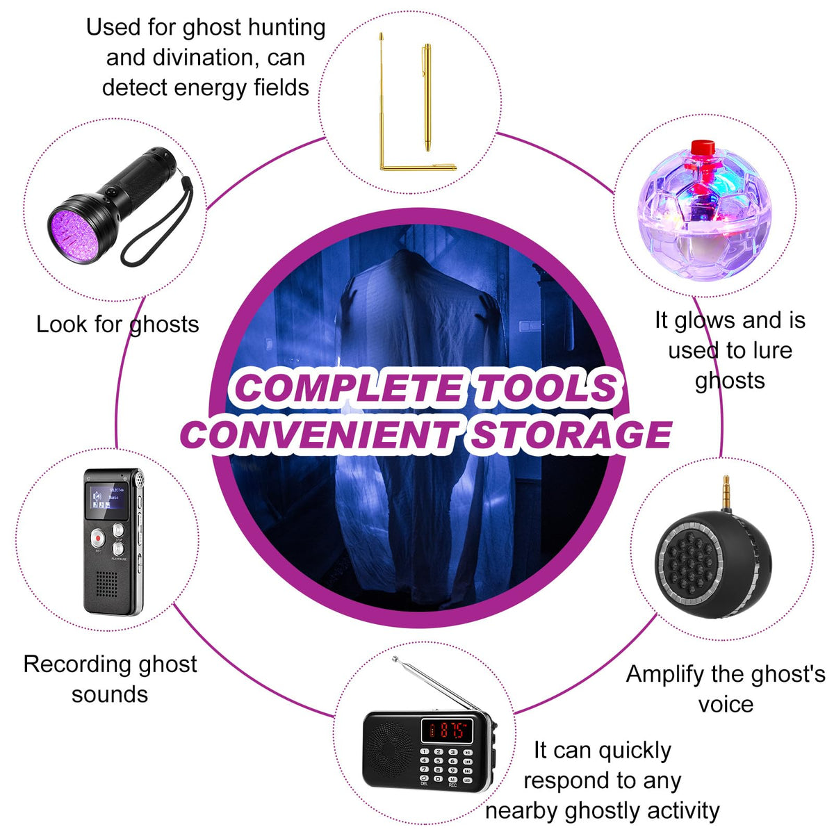 Dunzy 11 Pcs Ghost Hunting Equipment Kit Include Ghost Radio, Electromagnetic Paranormal Radiation Detector, EVP Recorder, UV Flashlight 2 LED Light up Cat Balls Etc(3 in 1 Emf Meter)
