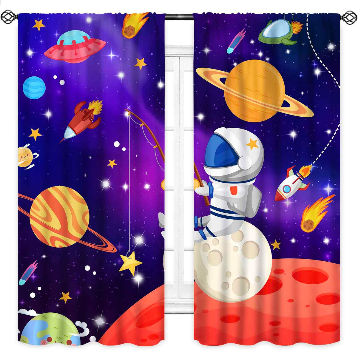 Lnepty Kids Cartoon Space Curtains,Outer Space Universe Solar System Planet Window Curtains for Boys Cartoon Astronaut Galaxy Curtains for Bedroom Nursery 2 Panels,42X45 Inch