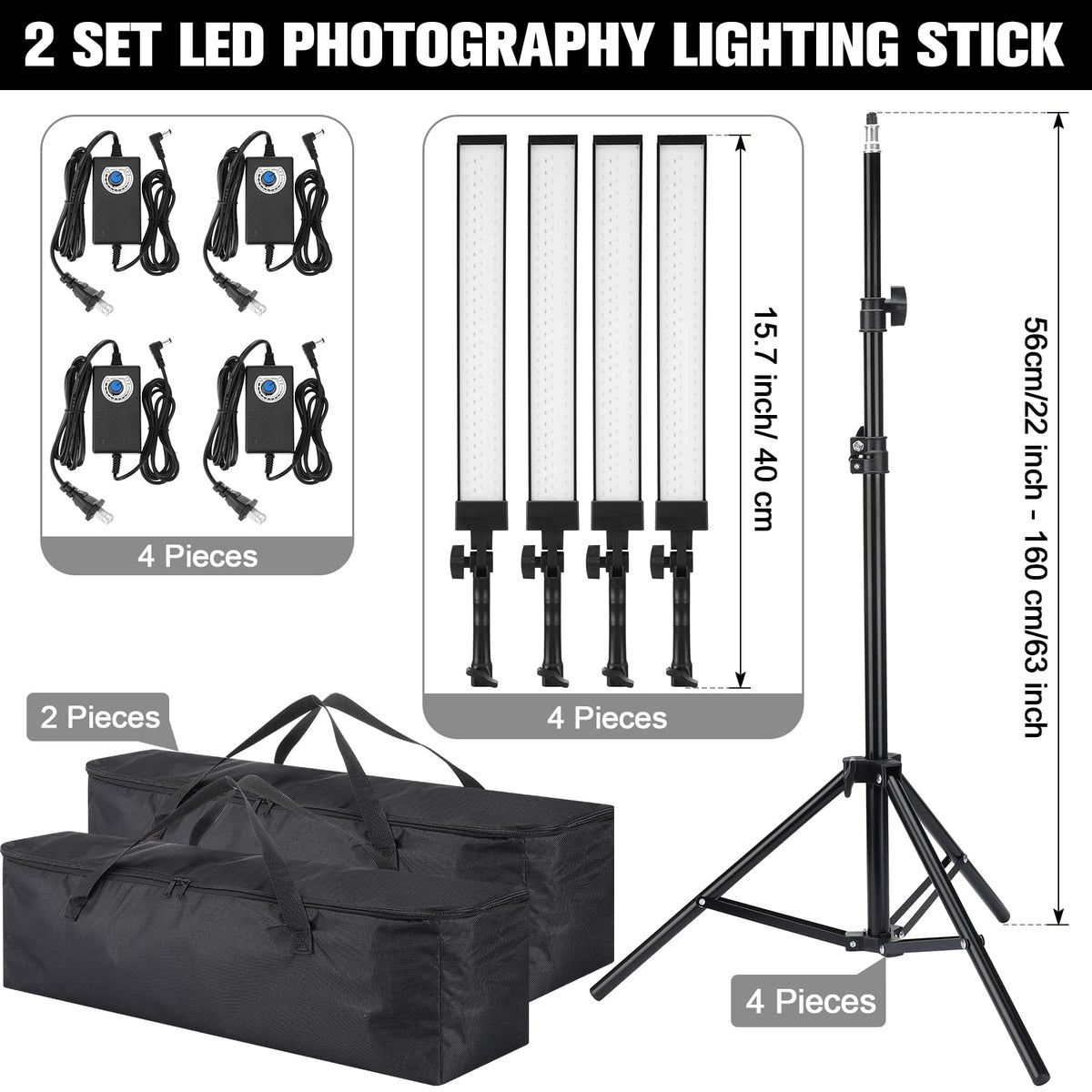 Xuhal 4 Pack LED Photography Lighting Stick Kit Adjustable LED Video Light with 22-63 Tripod 5500k 90 Beads Photoshoot Fill Lights Portable Studio Lighting for Live Streaming CRI 80+