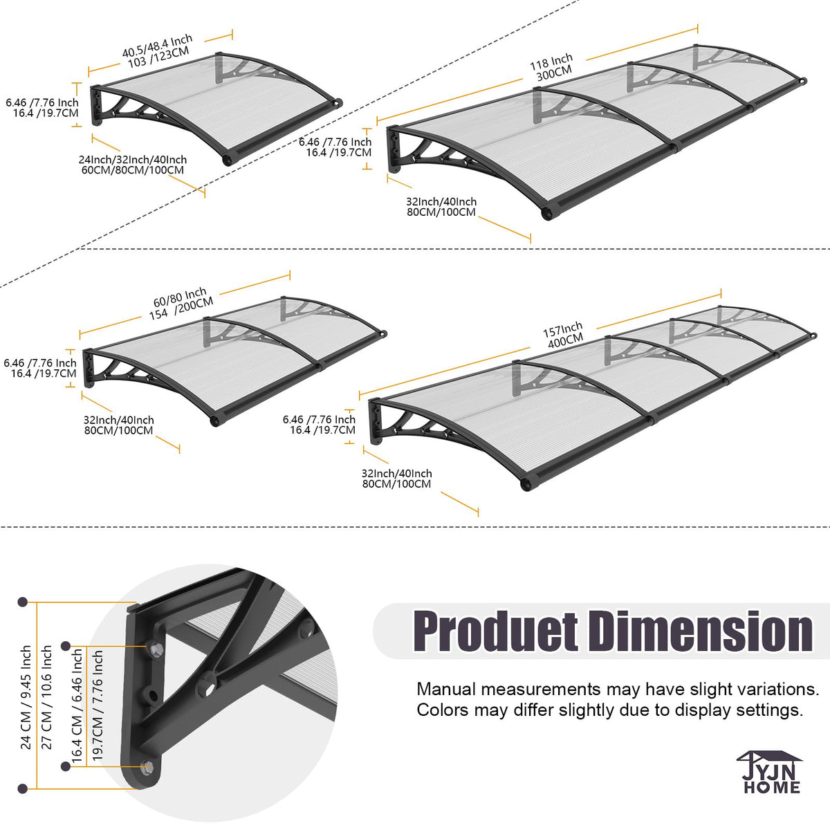 JYJNHOME Window and Door Awning Exterior,40x60 Inch Polycarbonate Spliced Outdoor Overhang Canopy with Drainage,UV/Rain/Snow/Sunlight Protection,Awnings for Outside,Patio,Porch,Deck,House Entrance