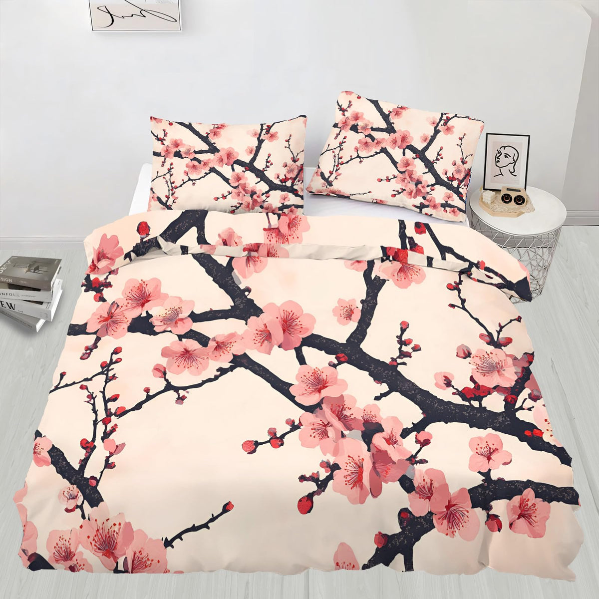 QINYUN Cherry Blossoms Duvet Cover Oversized King Size, Traditional Flower Bedding Set 3 Piece, Cherry Branch Comforter Cover 120x98 and 2 Pillow Sham with Zipper Closure