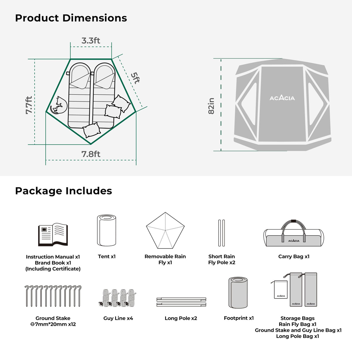 ACACIA Space Tent, 2 to 3 Person Pop Up Camping Tent with 8 Windows and Footprint, Waterproof Windproof Easy Setup Hub Tent for Family Camping, Hiking and Glamping, Moonstone