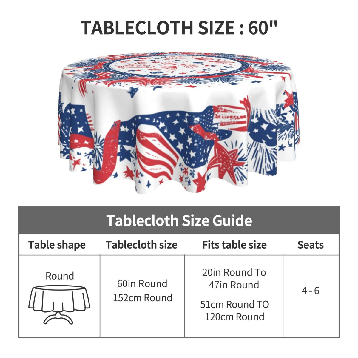 mutakin 4th of July Fireworks Tablecloth Patriotic Round Table Cloth Washable Table Cover for Home Kitchen Party Picnic 60 Inch