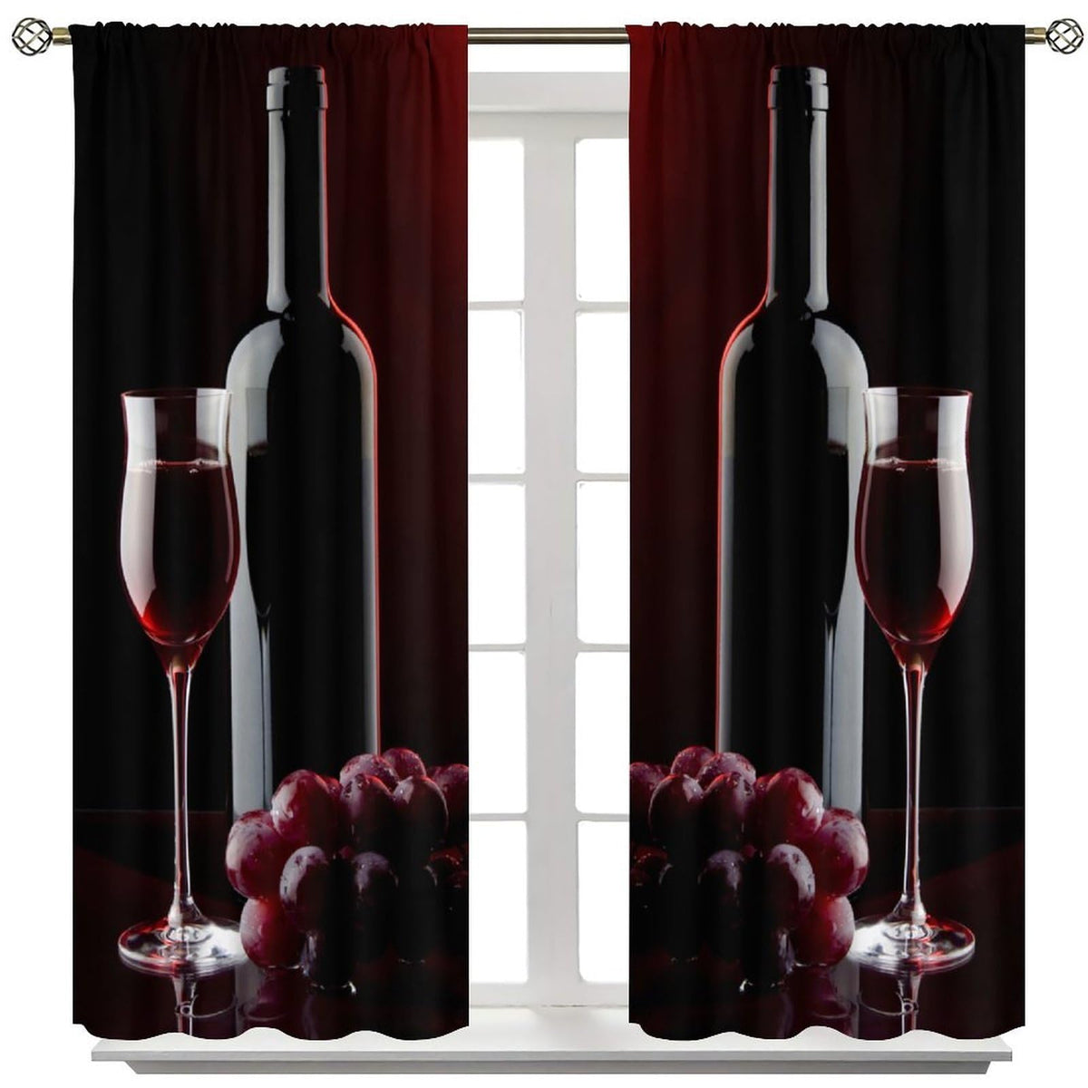 Wine Curtains, Red Wine Bottle Glass Grapes Print, Light Filtering Window Drapes for Kitchen Dining Room Living Room, 20.5" W x 44.5" L, 2 Panels （No Blackout）