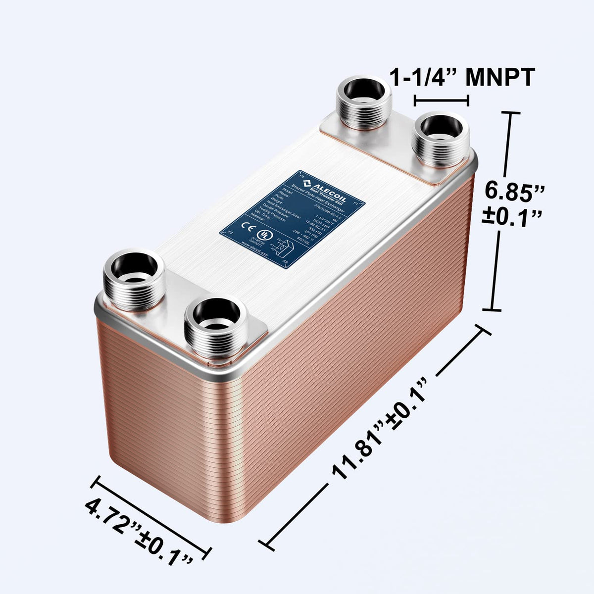 ALECOIL 5"x12" 60 Plates Heat Exchanger with 1-1/4" MPT Port Water to Water 316L Stainless Steel Brazed Plate Heat Exchanger for Water Heating, Floor Heating, Commercial and Industrial Refrigeration