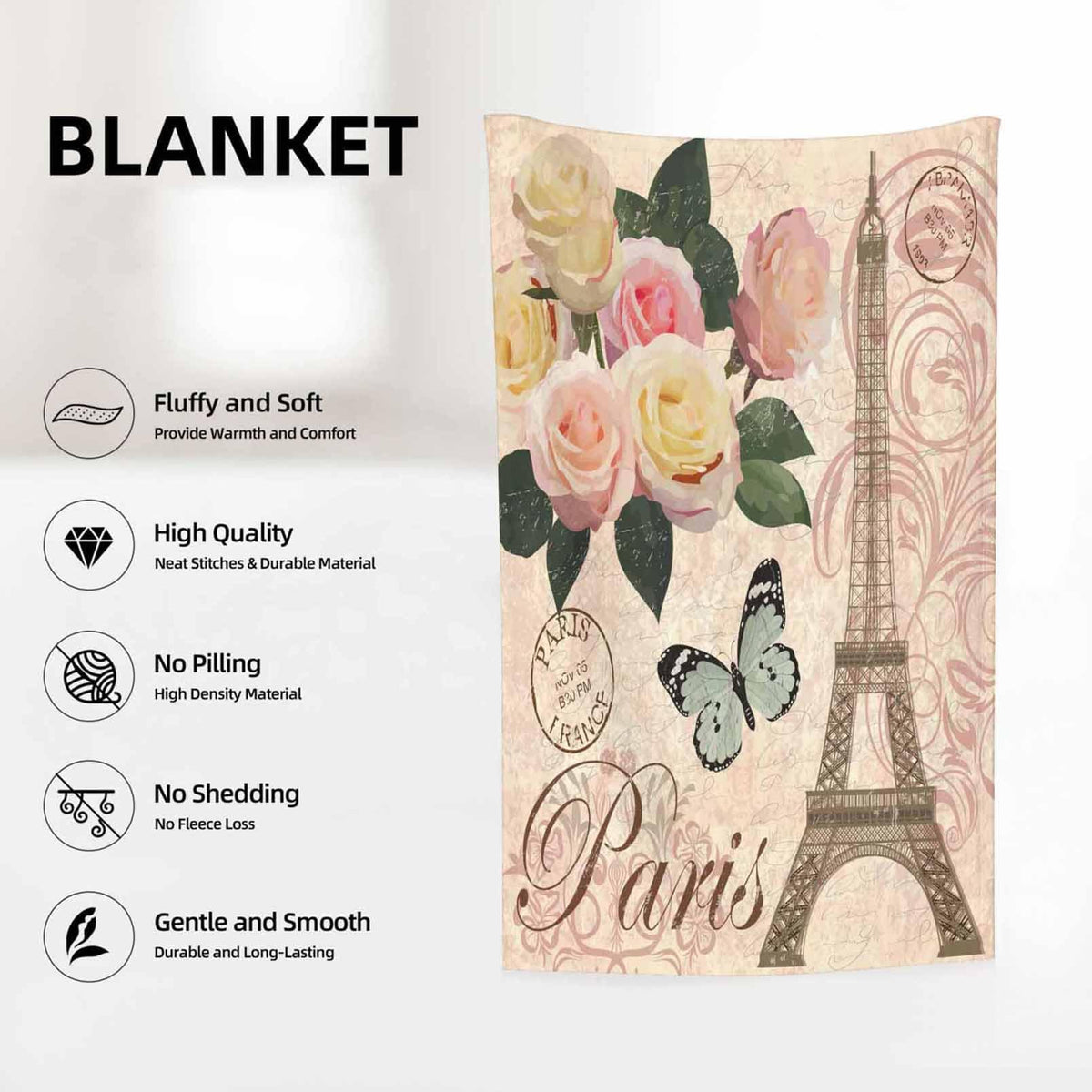 Throw Blanket 60x80 Inch,Vintage Paris Flower Eiffel Towel Rose Cozy Soft Lightweight Fuzzy Flannel Blanket 80x60 Inch Suitable for Couch Bed Sofa Living Room in All Seasons