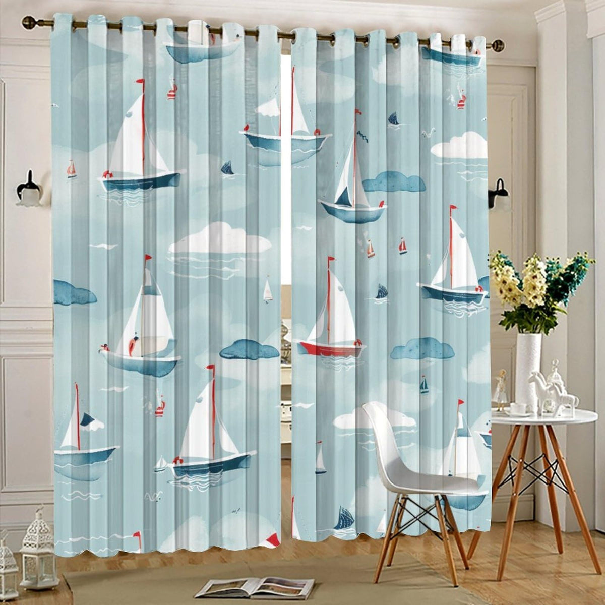 TOWINSFB Cute Cartoon Sailboat Blackout Curtains for Bedroom/Living Room, Funny Ocean Nautical Ship Grommet Curtains Thermal Insulated Window Drapes, 2 Panels, Each 21W x 45L