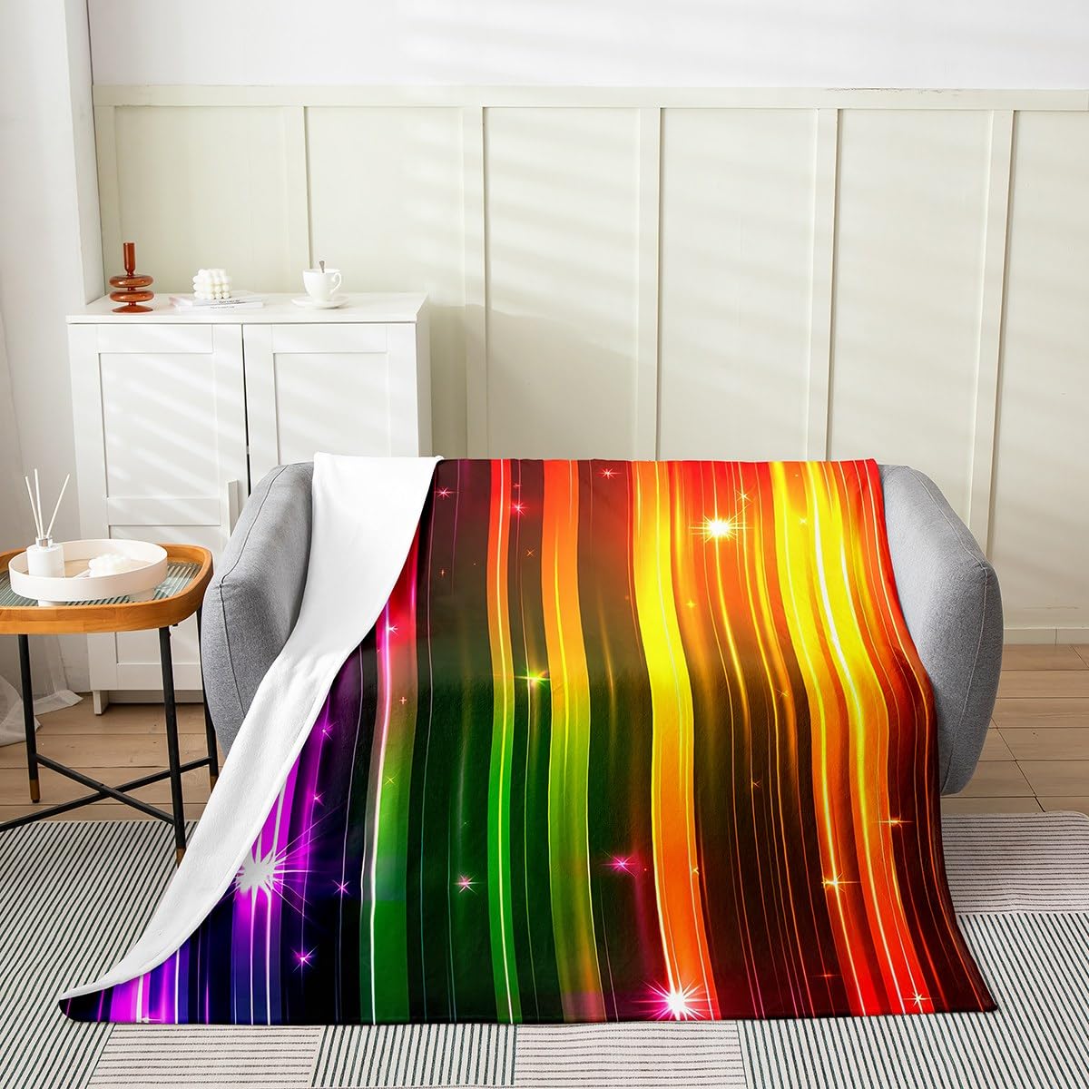 Erosebridal Galaxy Glitter Stars Blanket Twin 60x80 Inch,Ombre Orange Green Throw Blanket,Neon Light Rainbow Striped Fleece Blanket Soft,Abstract Style Sherpa Blanket Warm