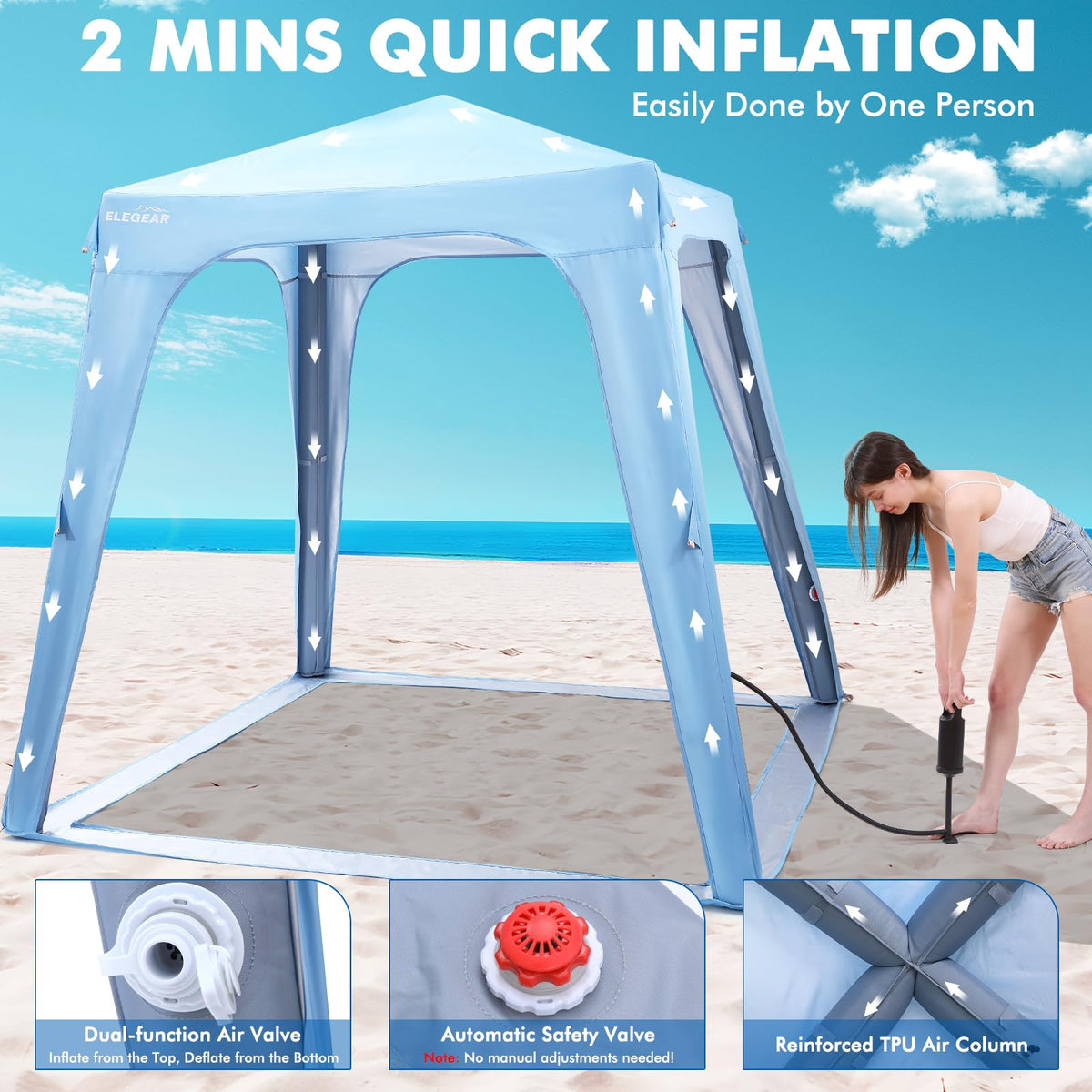 Elegear CumbreX™ Inflatable Beach Canopy Tent, 6-8 Person Beach Cabana with Side Curtain, UPF 50+ UV Protection Easy Setup Blow Up Sun Shade Shelter for Outdoors