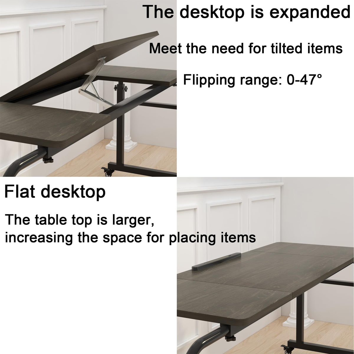 TigerDad Tilt Overbed Table with Wheels, Height Adjustable Rolling Desk for King Queen Bed, Tilting Laptop Cart Mobile Computer Workstation, Dekuwood