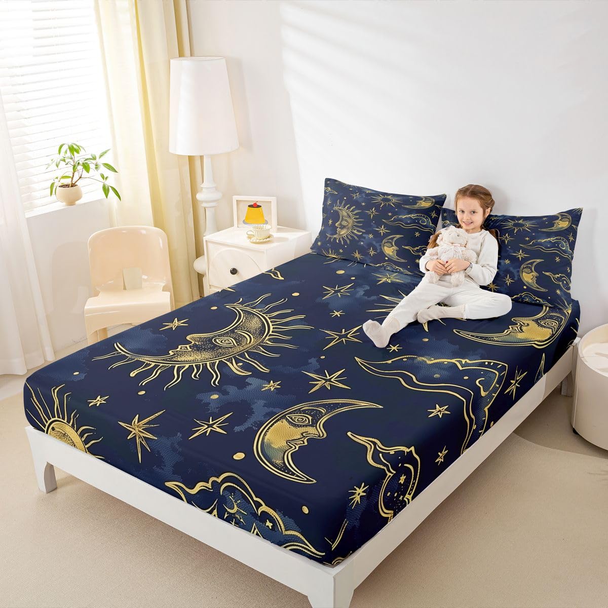 Erosebridal Moon Galaxy Bed Sheets Set Full Mystical Celestial Star Sky Sheet Set Bohemia Sun Moon Sheets Cosmic Cloud Flat Fitted Sheet