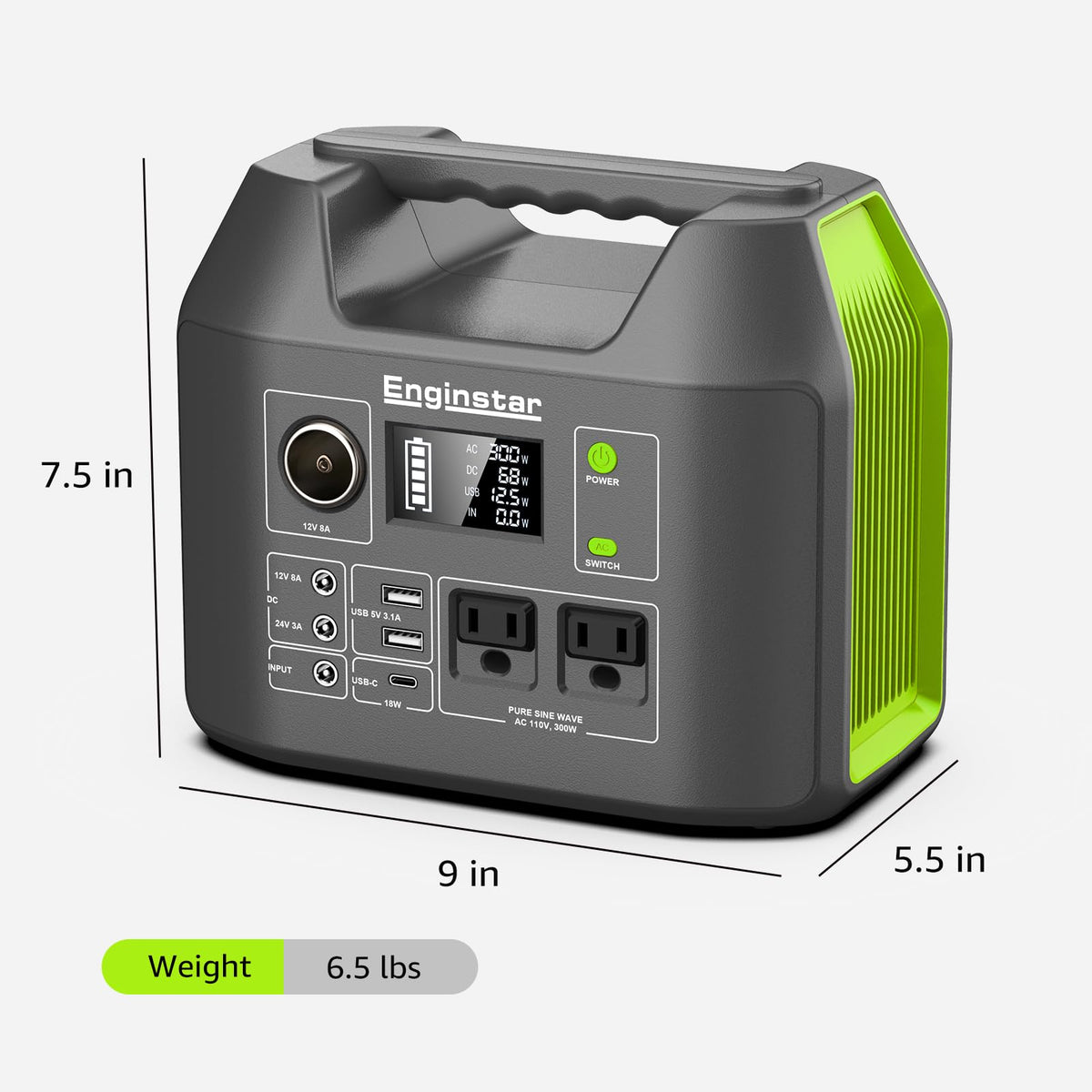 EnginStar Solar Generator, 300W Portable Power Station, 296Wh Lithium Battery Backup w/Two 110V Pure Sine Wave AC Outlet for Camping Road Trip RV, 80000mAh Sufficient Power Supply for Blackout
