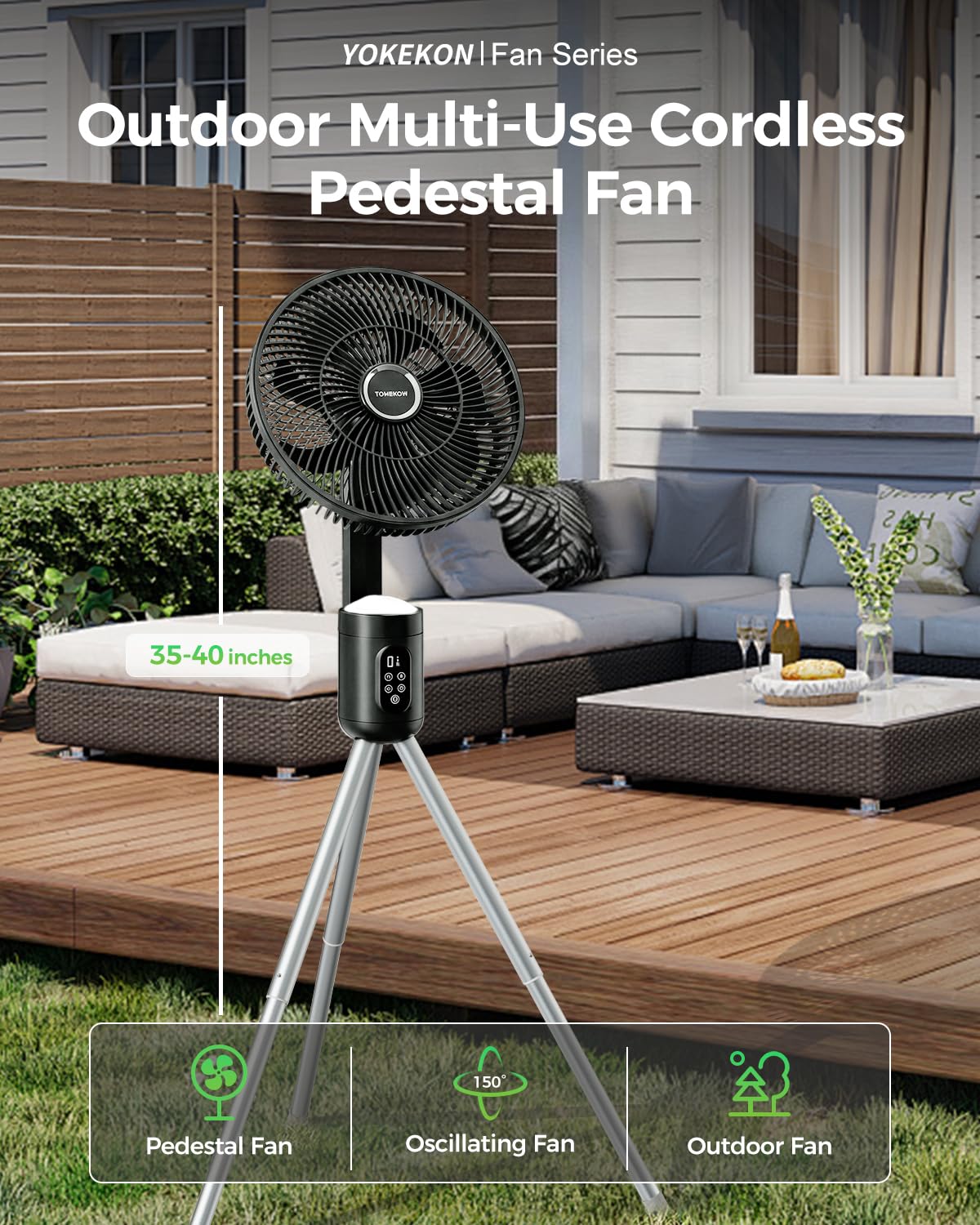 YOKEKON Outdoor Standing Fan for Patio,12" Rechargeable Cordless Pedestal Fan,Hanging 12000mAh Battery Operated Oscillating Fan with Remote,Light, Quiet,8 Speeds,Timer,Gazebo/Deck/Porch/Pergola,Black